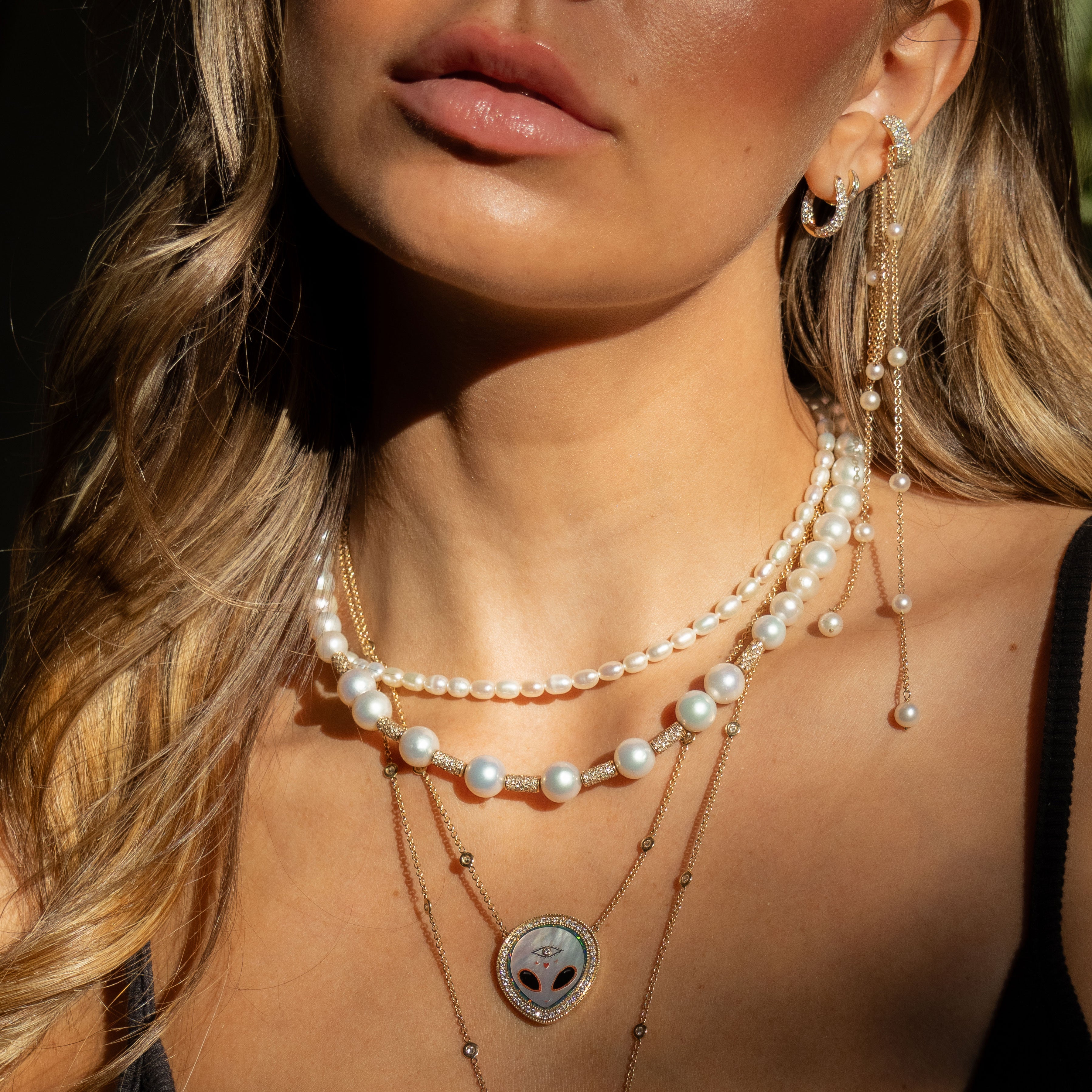 Mini Pave Pearl + Onyx Alien Heart Eye Inlay Necklace