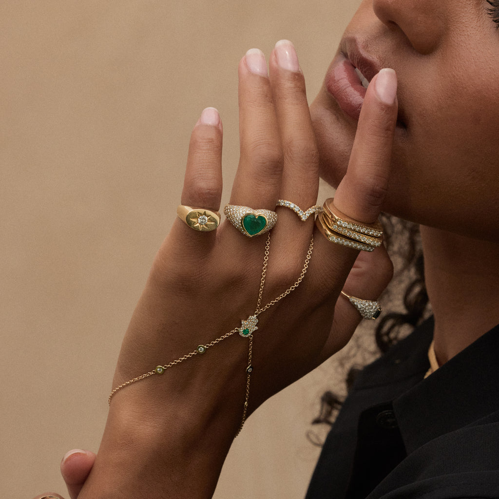 Pave Diamond Emerald Hamsa Double Stem Finger Bracelet