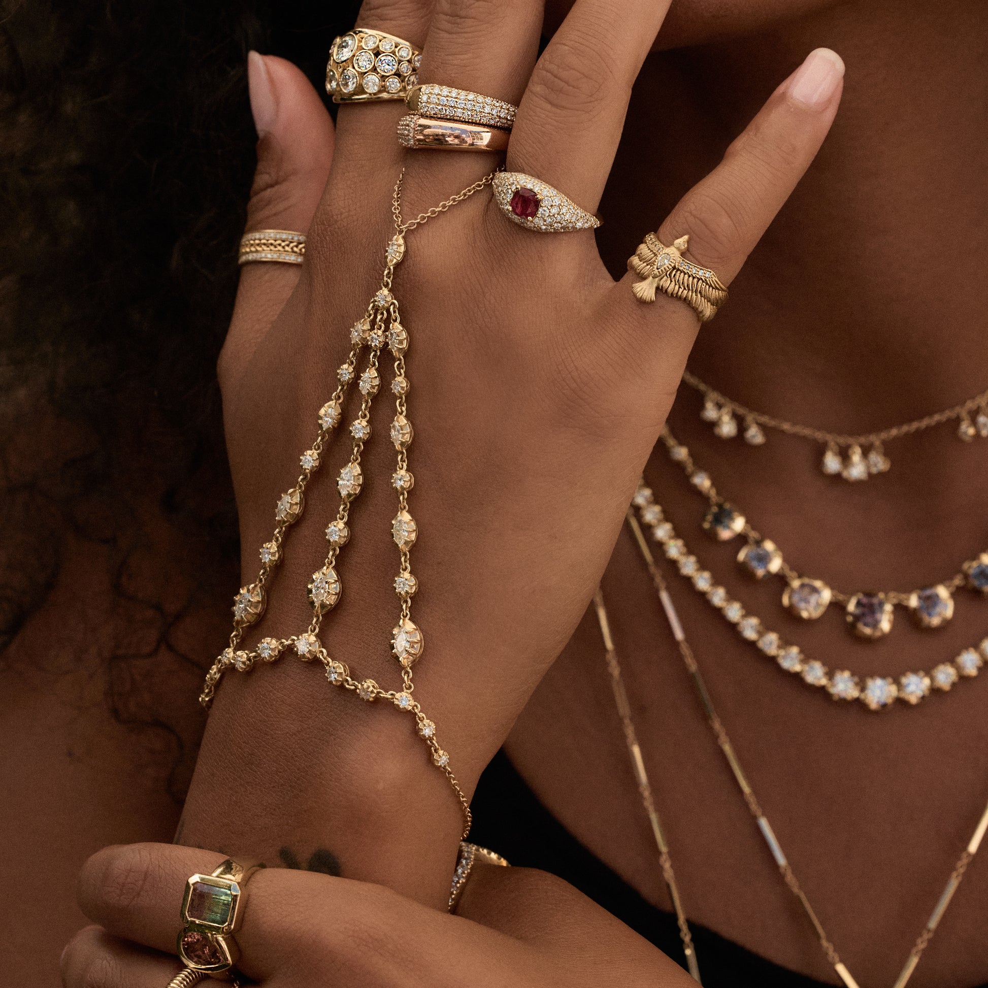 Marquise + Round Diamond Sophia Triangle Hand Finger Bracelet