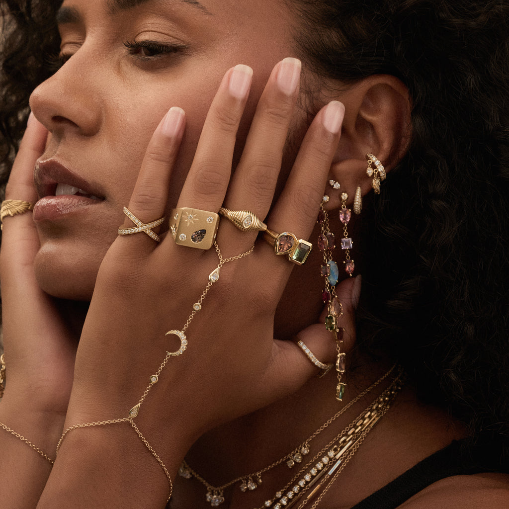 Round + Teardrop Diamond Pave Crescent Moon Finger Bracelet