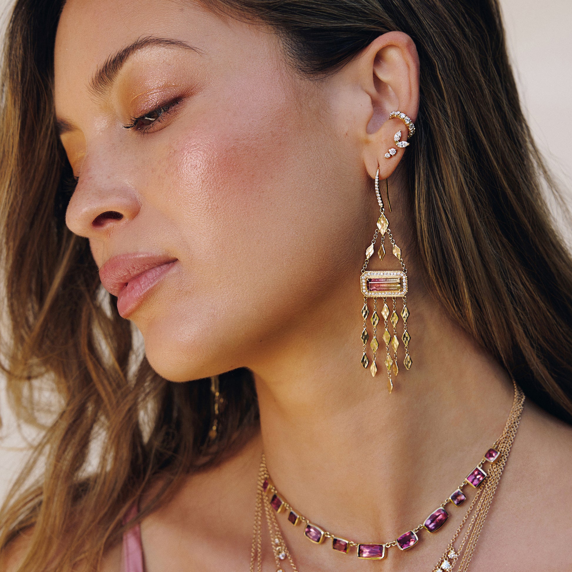 Pave Watermelon Tourmaline Baguette + Hammered Kite Chandelier Earrings