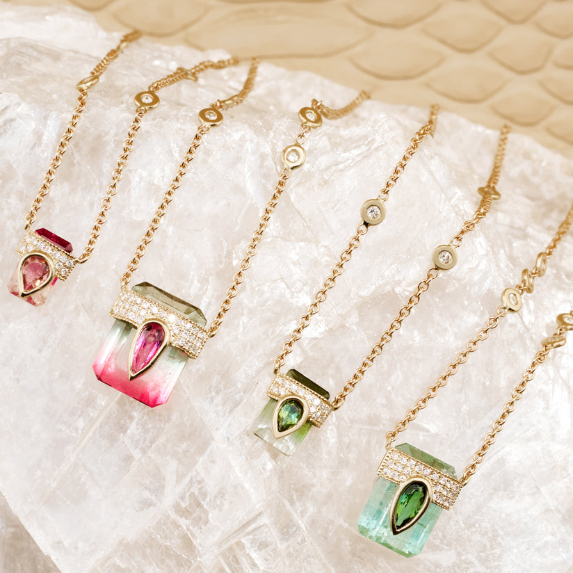 PAVE PINK TOURMALINE TEARDROP CAP + WATERMELON TOURMALINE BAGUETTE NECKLACE