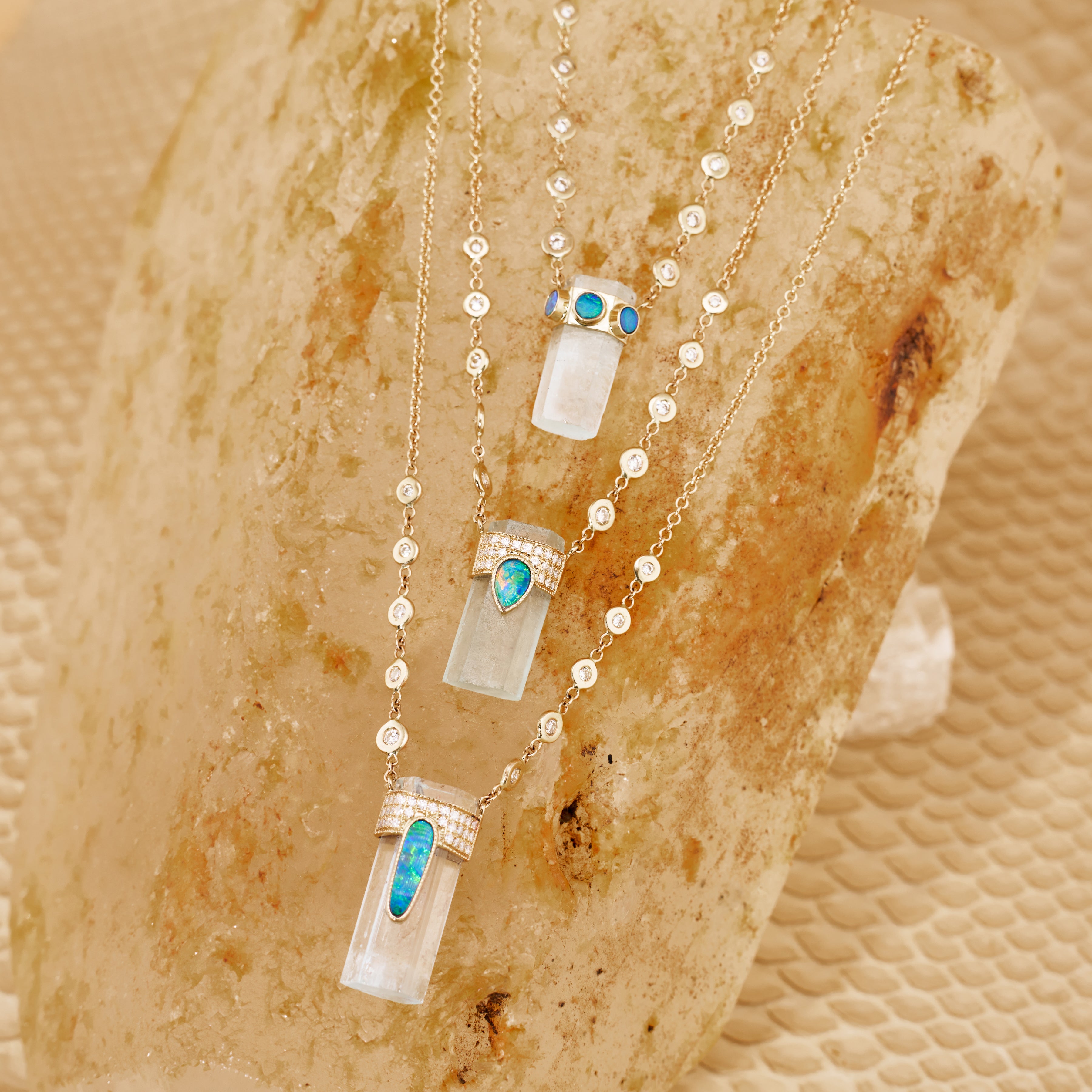 Pave Opal Teardrop Cap + Aquamarine Crystal Necklace