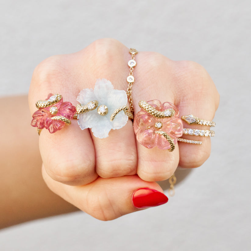 SNAKE WRAPPED PINK TOURMALINE FLOWER PAVE RING