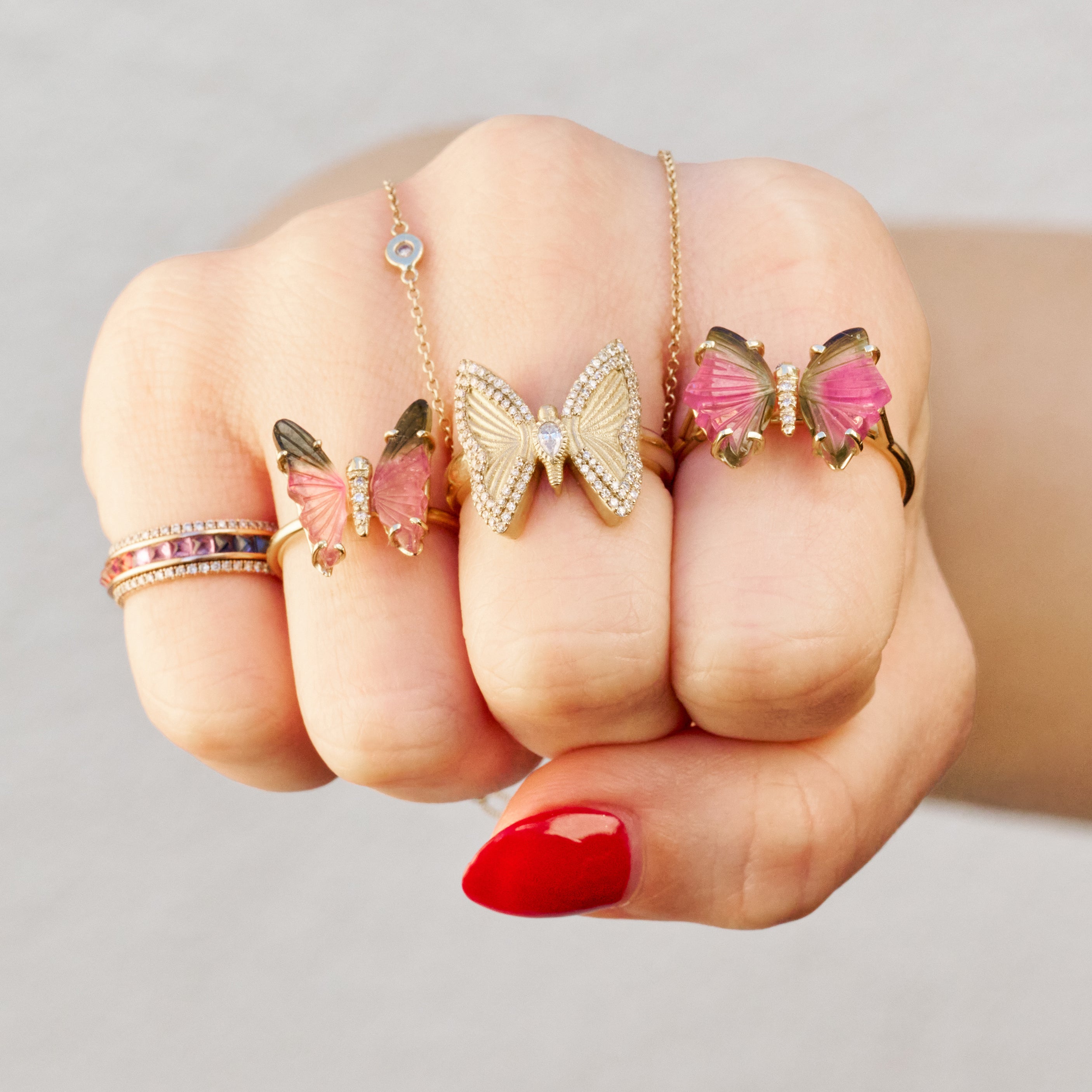 SMALL WATERMELON TOURMALINE PAVE CENTER BUTTERFLY RING