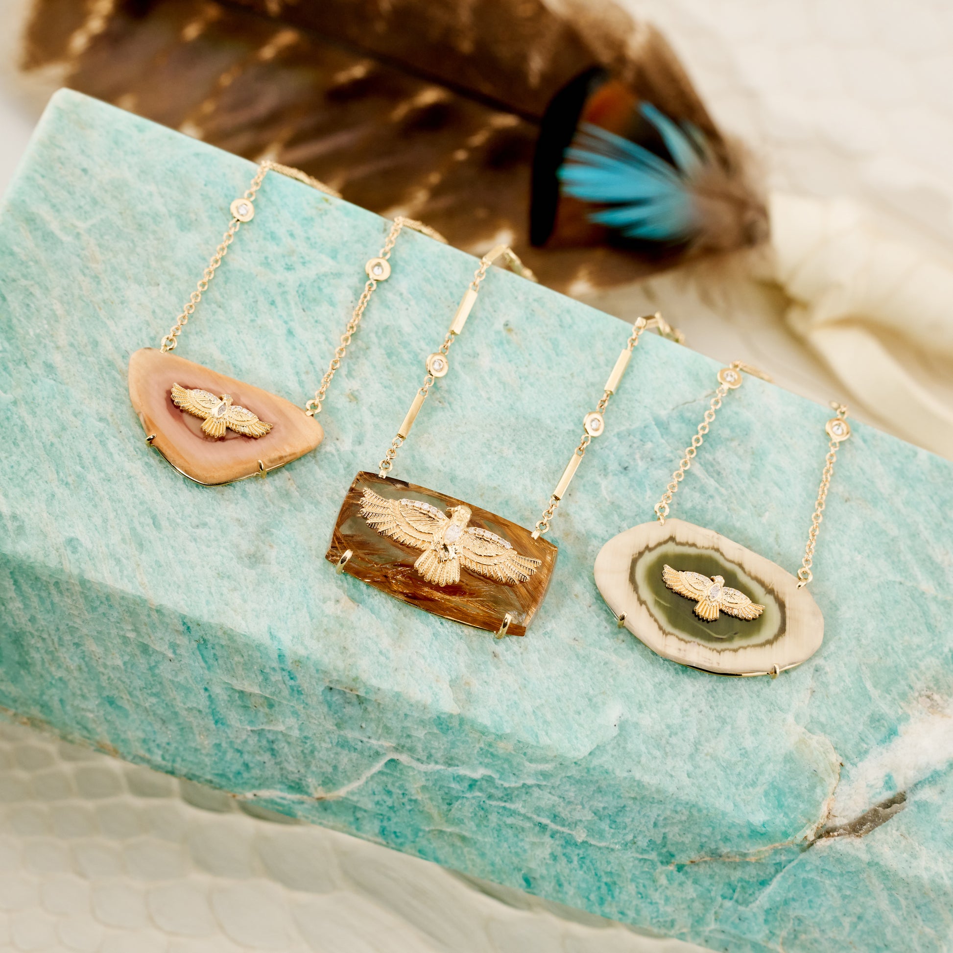 Large Diamond Thunderbird On Rutilated Quartz Rectangle Necklace