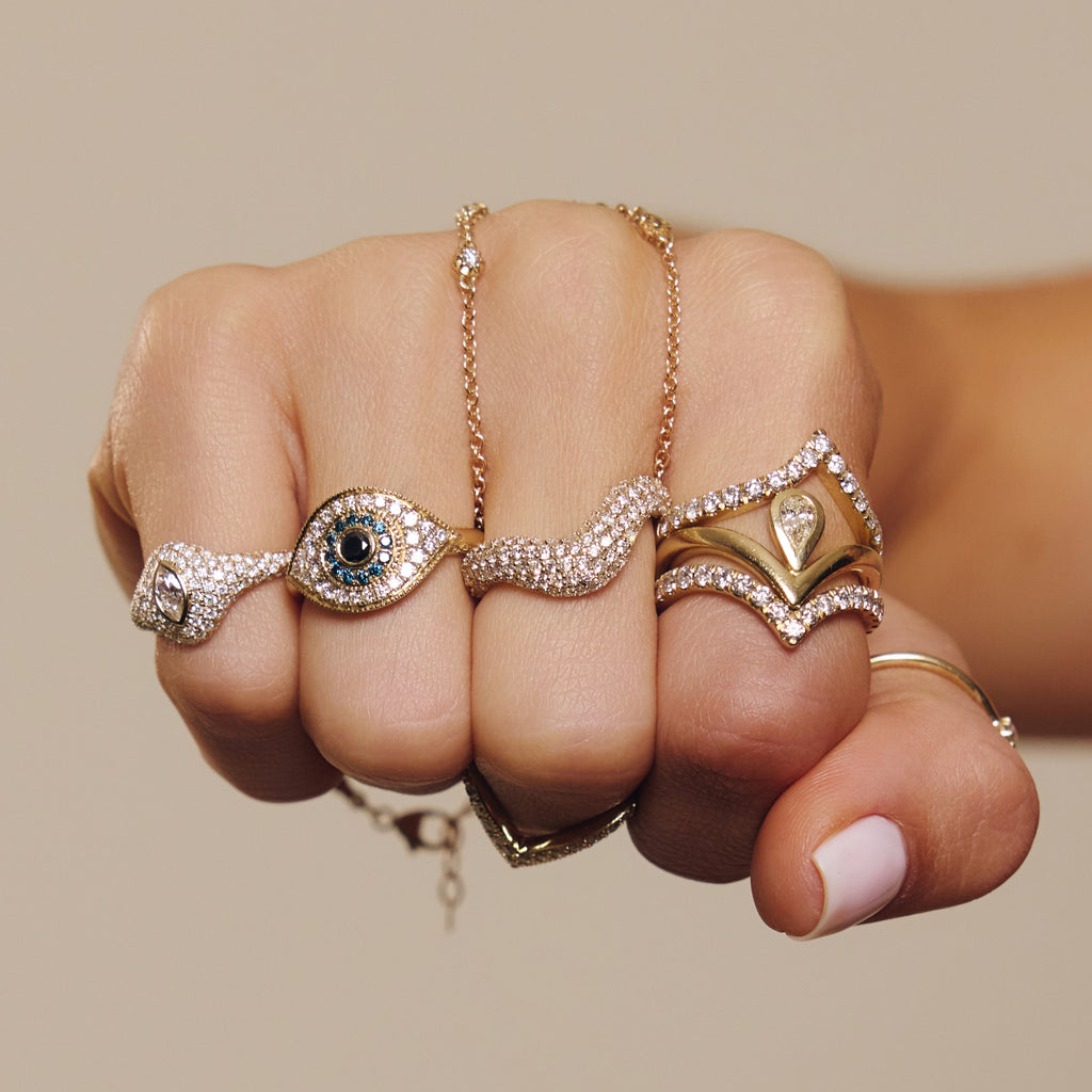 Black Diamond Center + Blue and White Pave Eye Ring