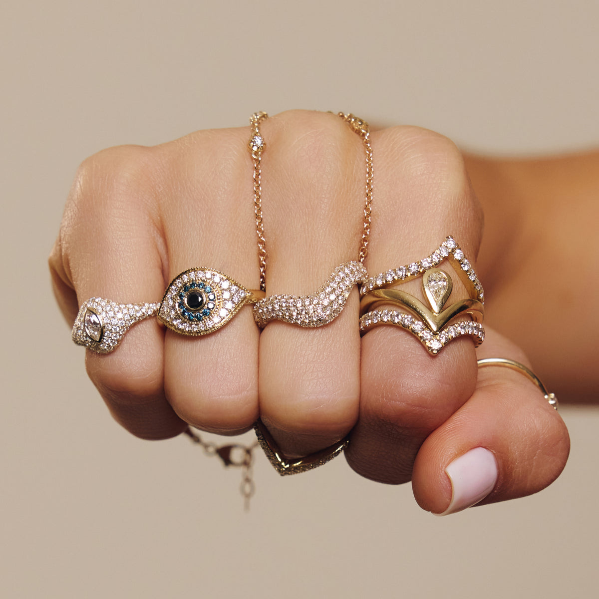 Black Diamond Center + Blue and White Pave Eye Ring