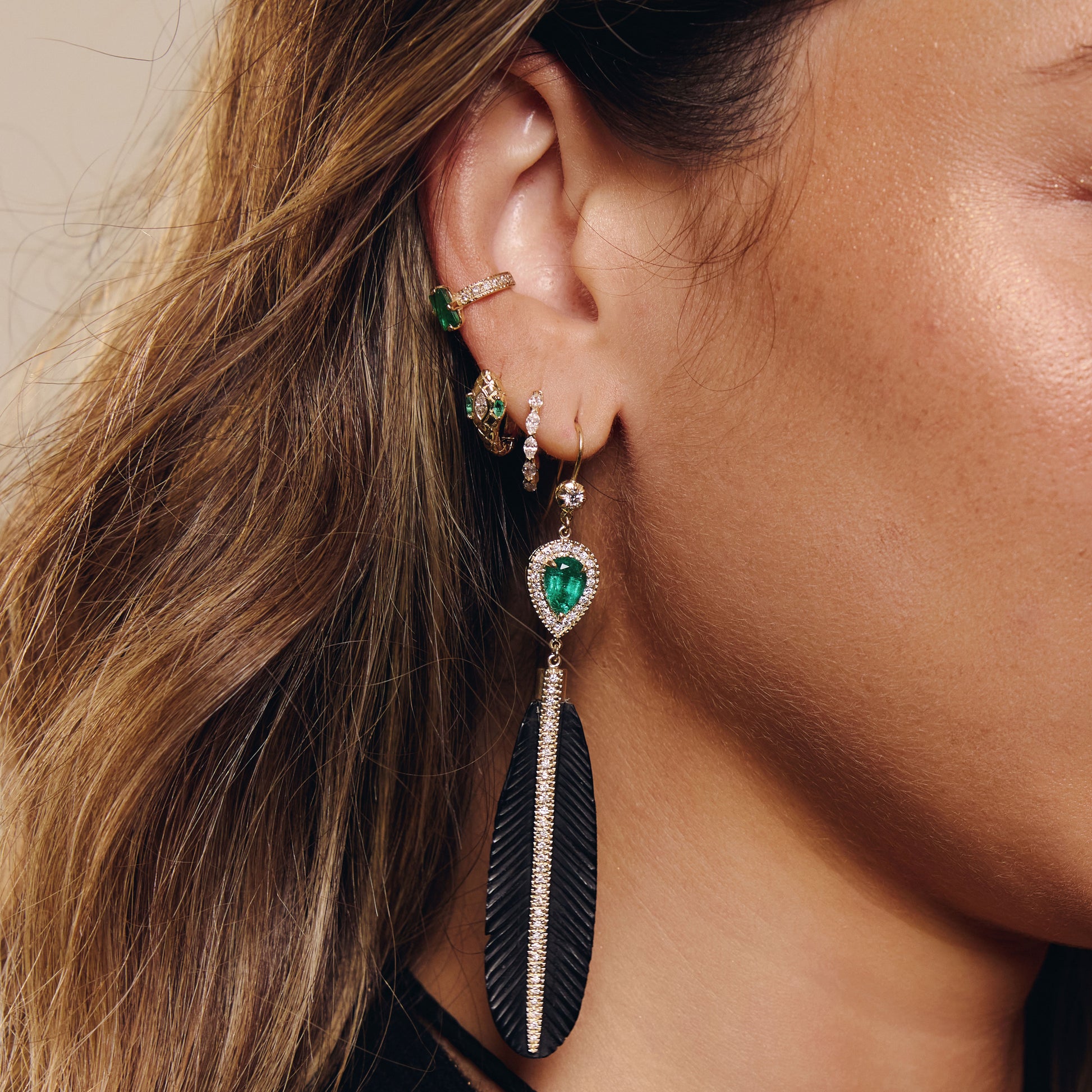 Pave Emerald Teardrop + Pave Black Horn Feather Earrings