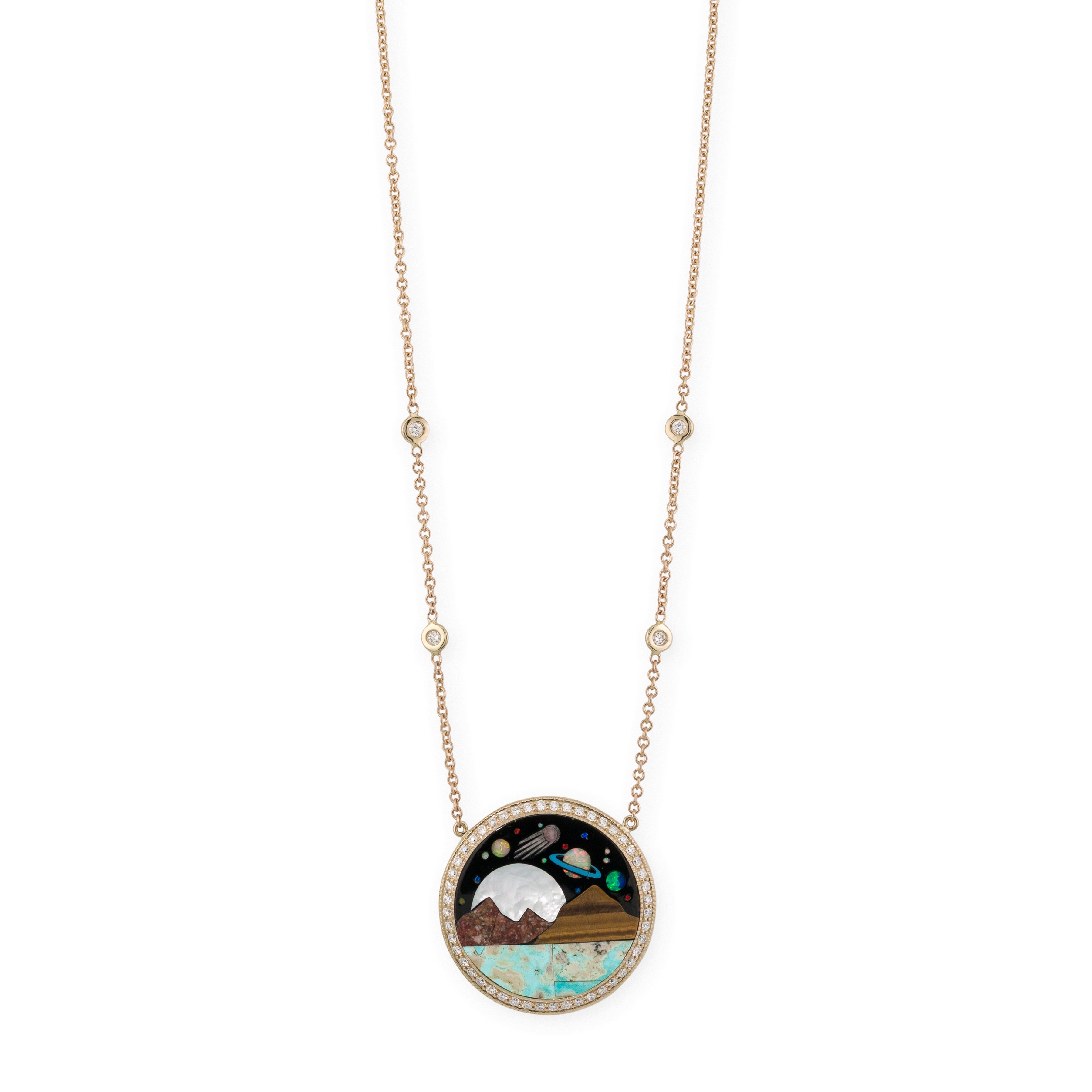 Small Pavé Diamond Moon Over Water Scenic Inlay Necklace