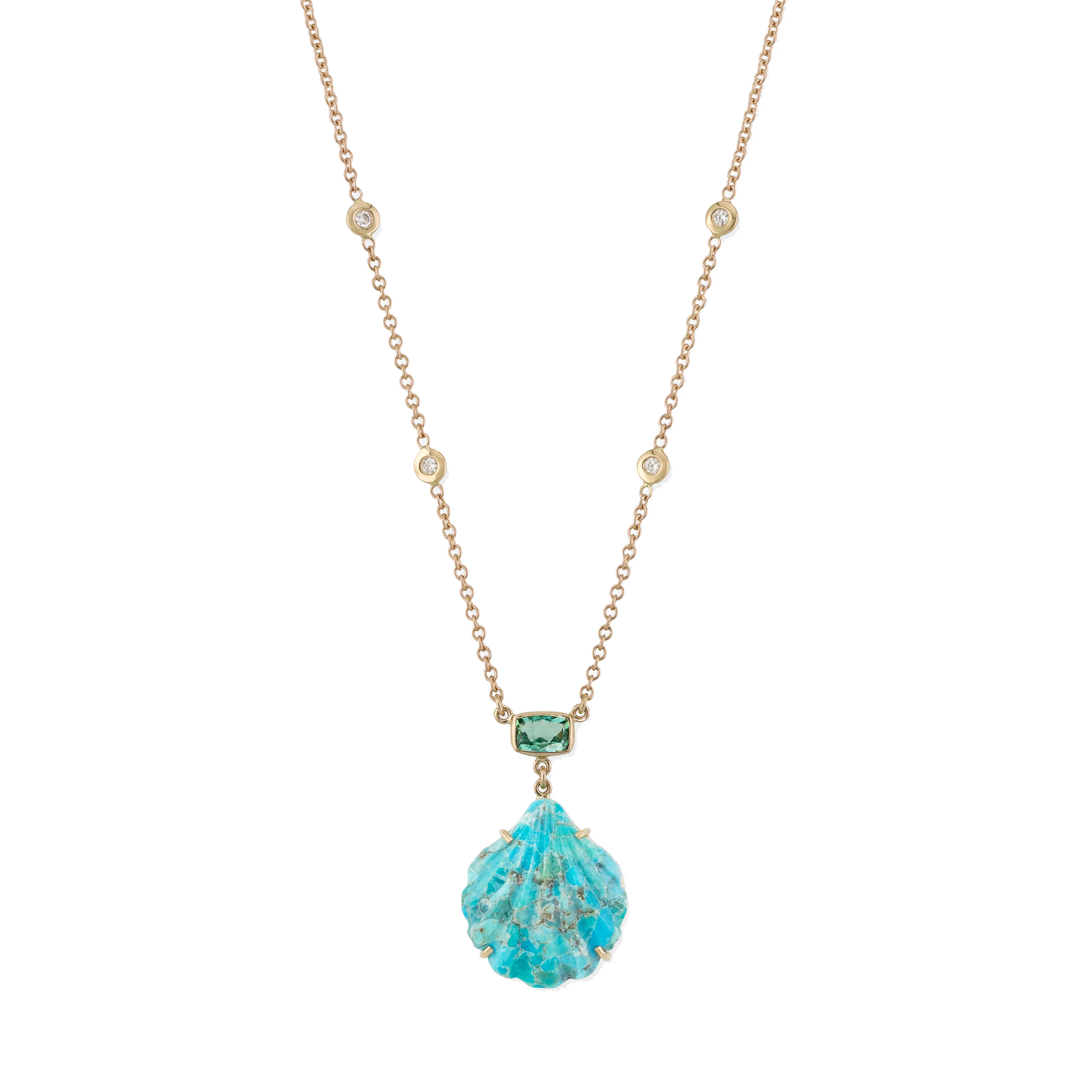 Pavé Green Tourmaline Baguette + Carved Turquoise Shell Necklace