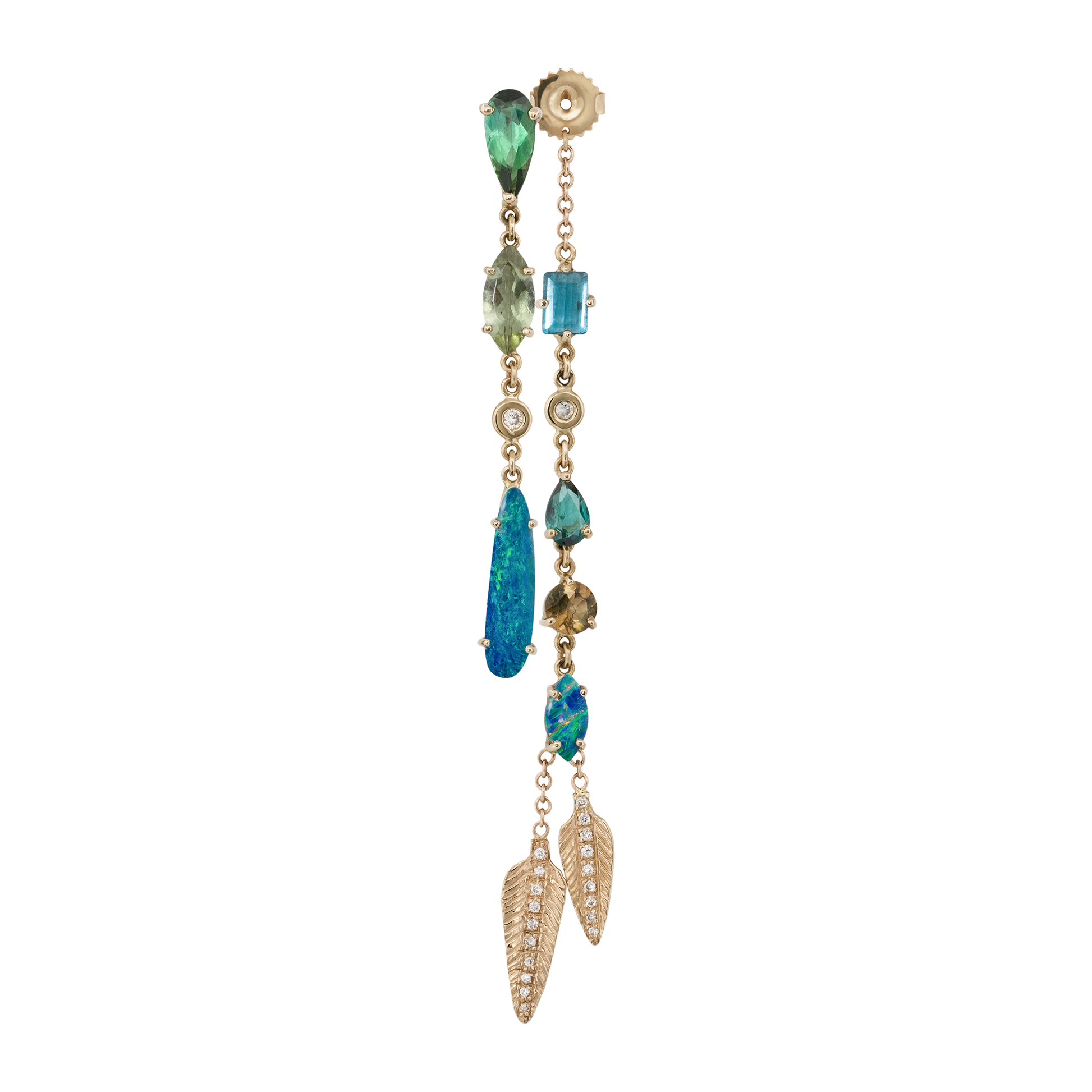 5 Tourmaline + 2 Opal Front Back Pave Feather Drip Earring