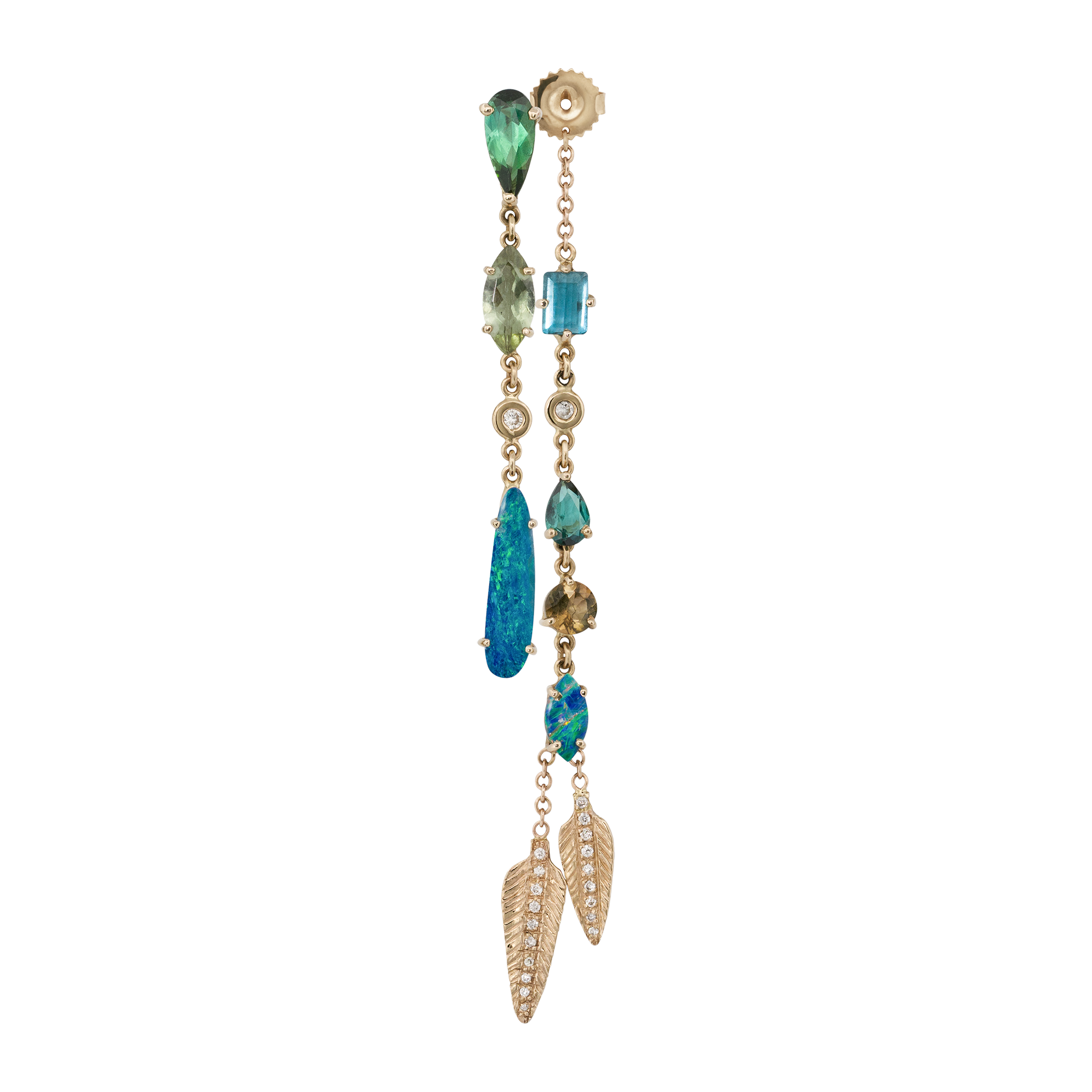 5 Tourmaline + 2 Opal Front Back Pave Feather Drip Earring