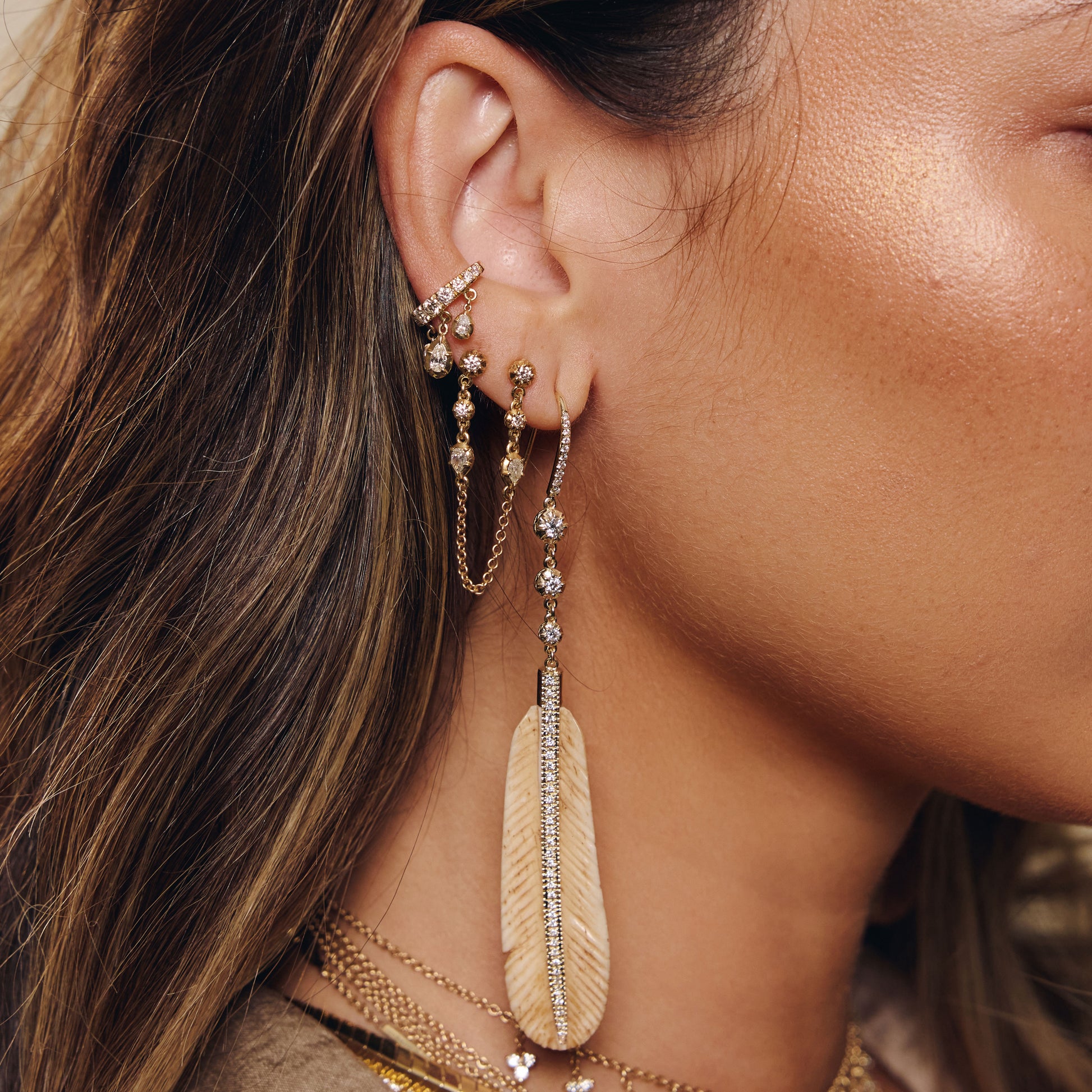 3 Sophia Diamond + Pave Natural Bone Feather Earrings