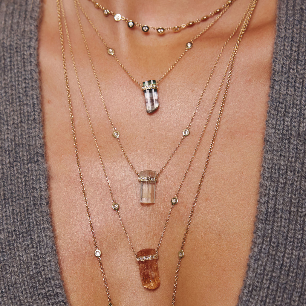 1 Row Pave Diamond Cap Imperial Topaz Crystal Necklace