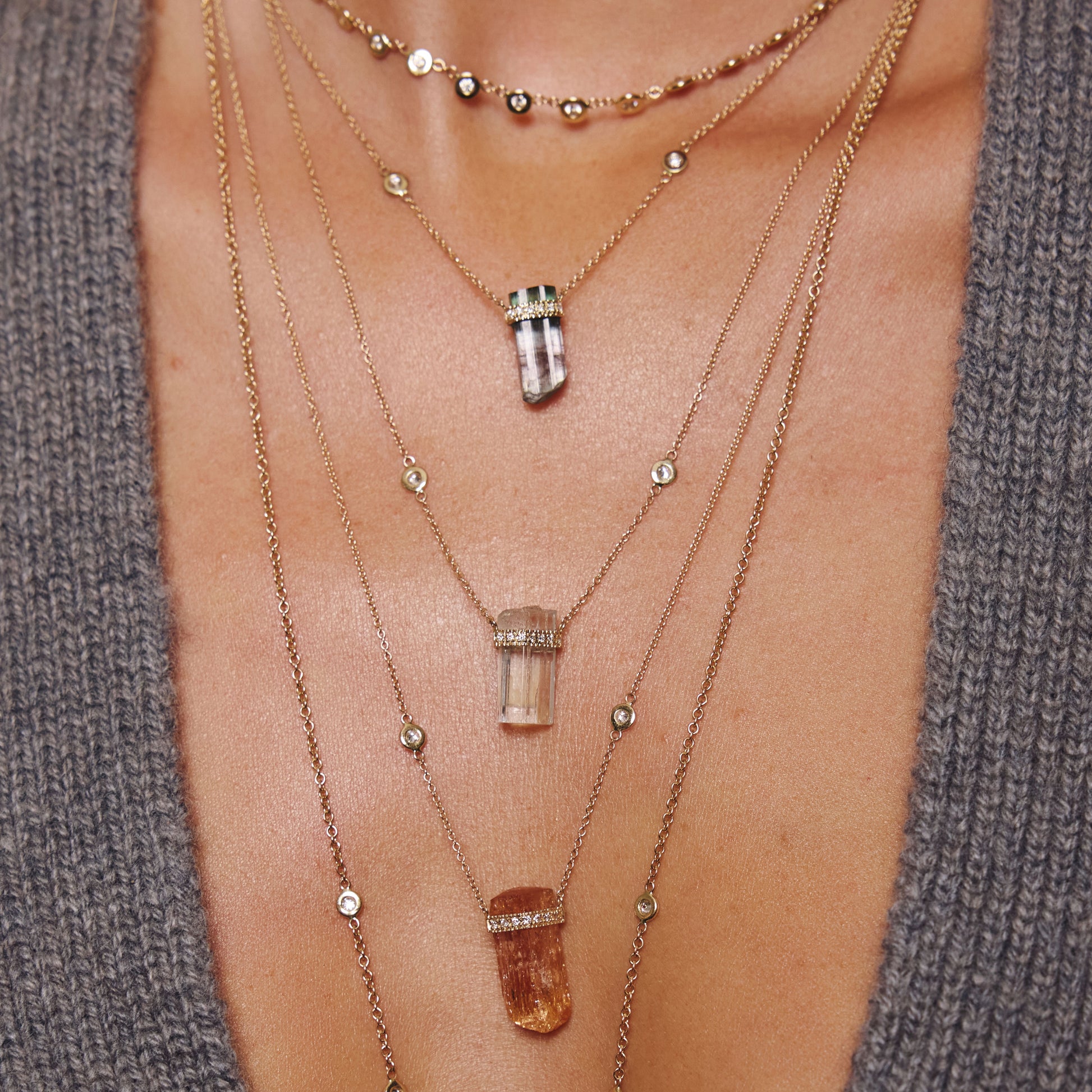 1 Row Pave Diamond Cap Imperial Topaz Crystal Necklace