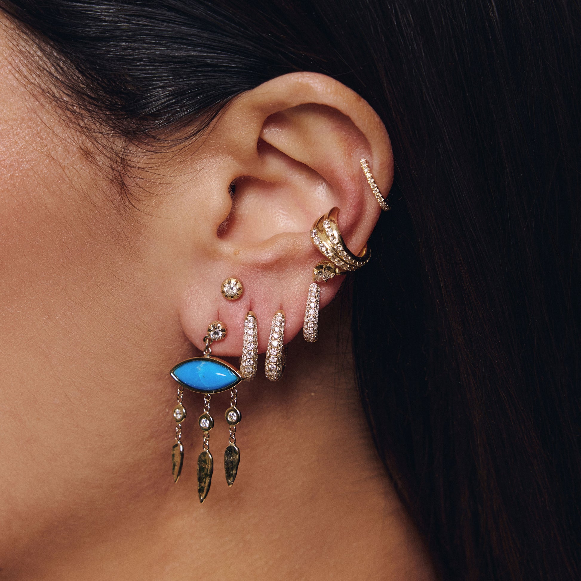 Turquoise Marquise + Diamond Hammered Teardrop Chandelier Drop Stud Earrings