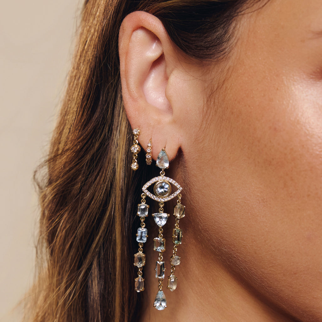 Pave Eye + Aquamarine Chandelier Earrings