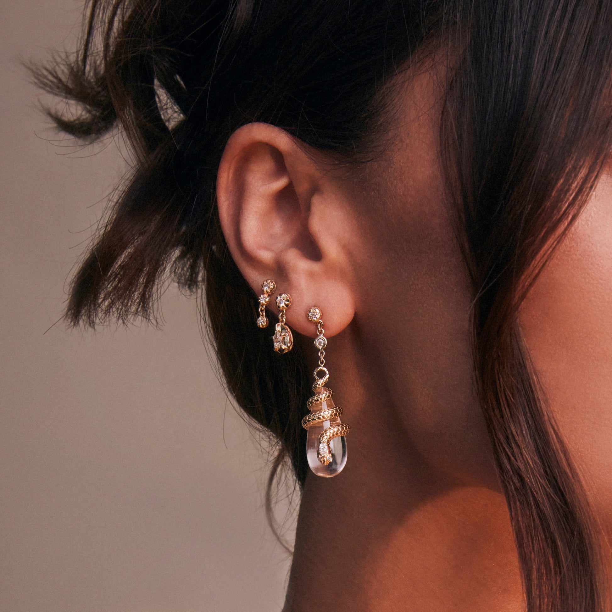 Diamond Snake Wrapped Clear Quartz Droplet Earrings