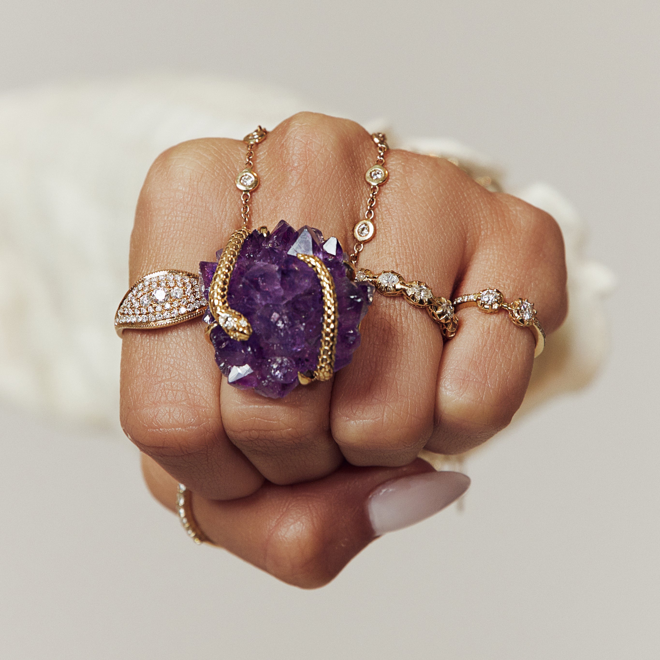 Marquise Diamond Textured Wrapped Snake Amethyst Cluster Ring