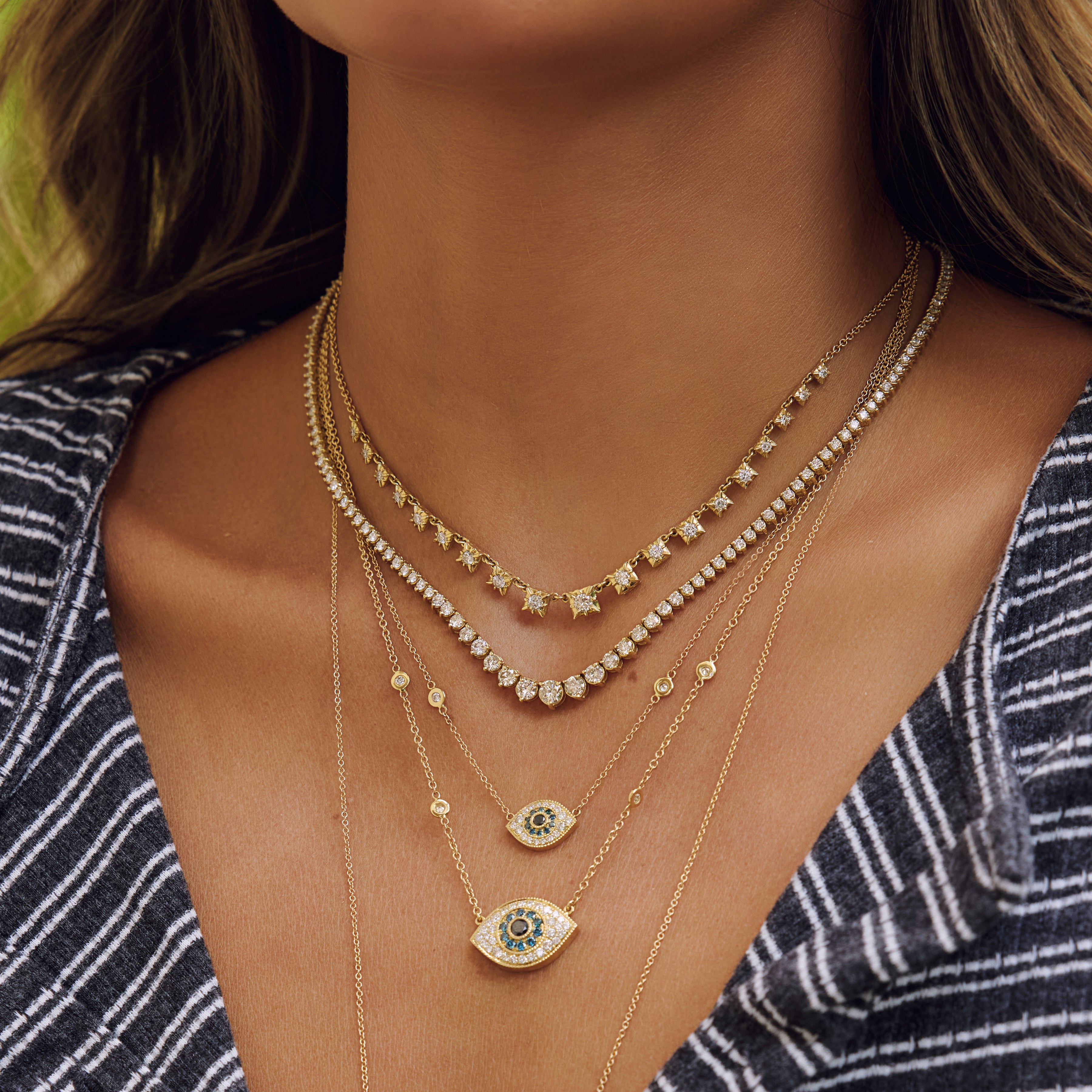 Small Black, Blue and White Pave Diamond Eye Necklace