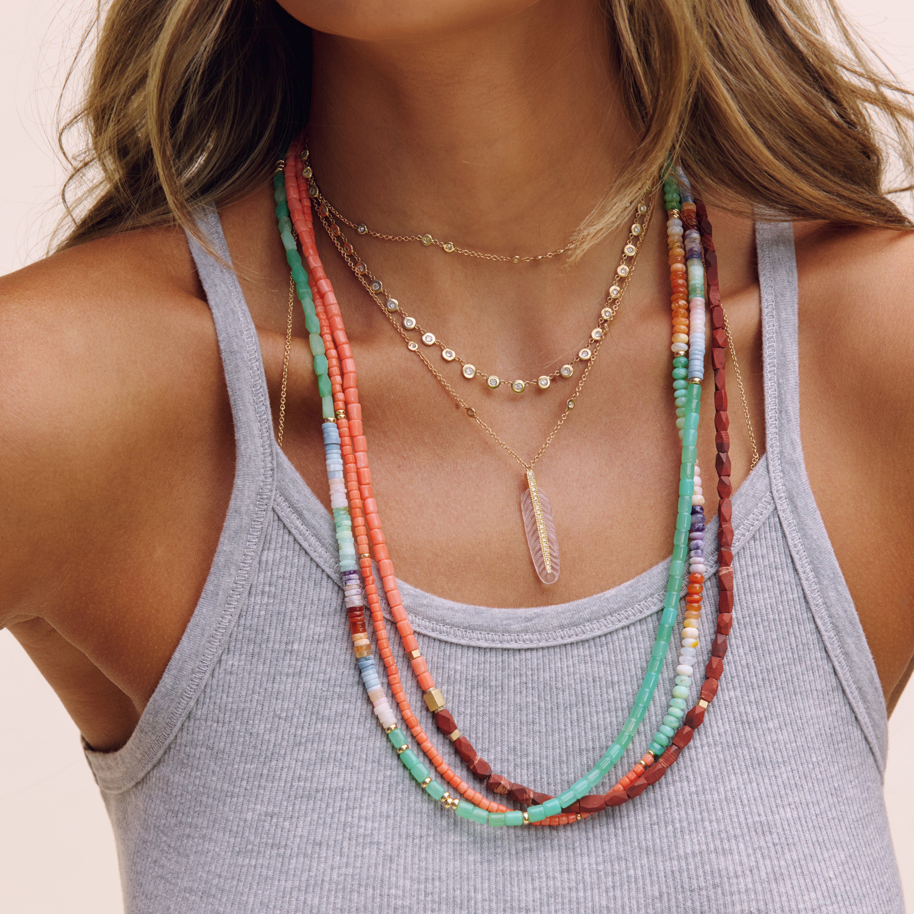 Pave Gemstone Feather Necklace