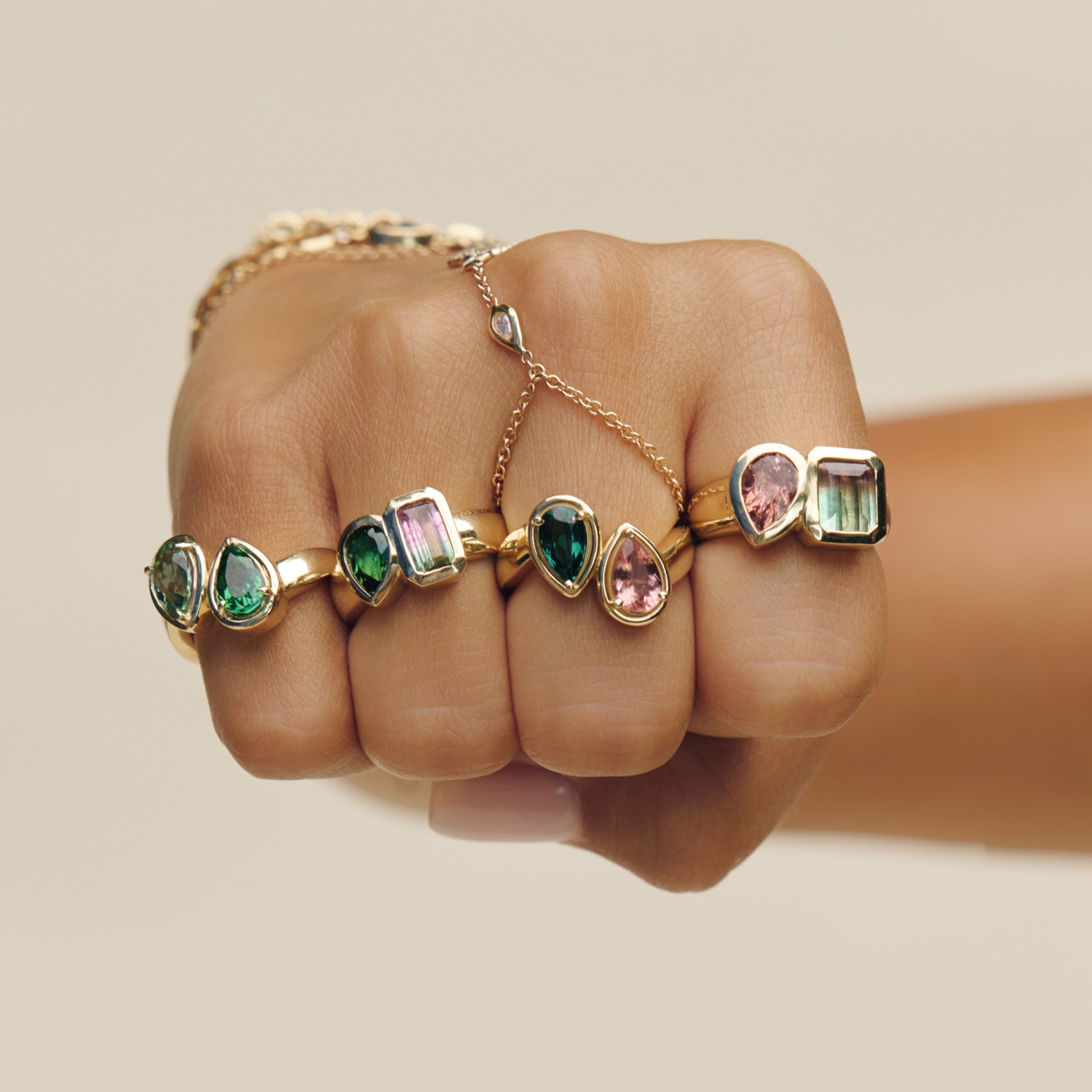 Watermelon Tourmaline Baguette + Green Tourmaline Teardrop Ring