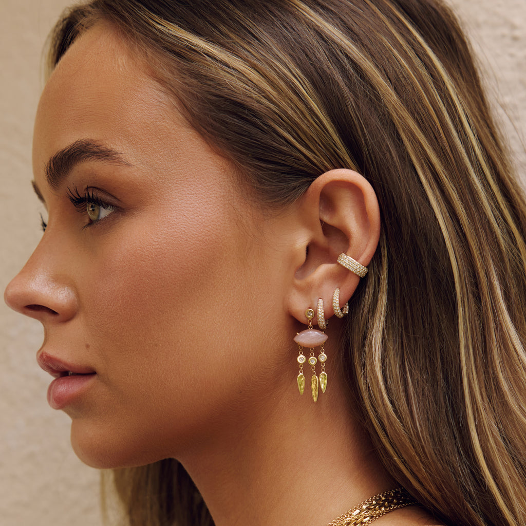 Peach Moonstone Marquise + Diamond Hammered Teardrop Chandelier Drop Stud Earrings