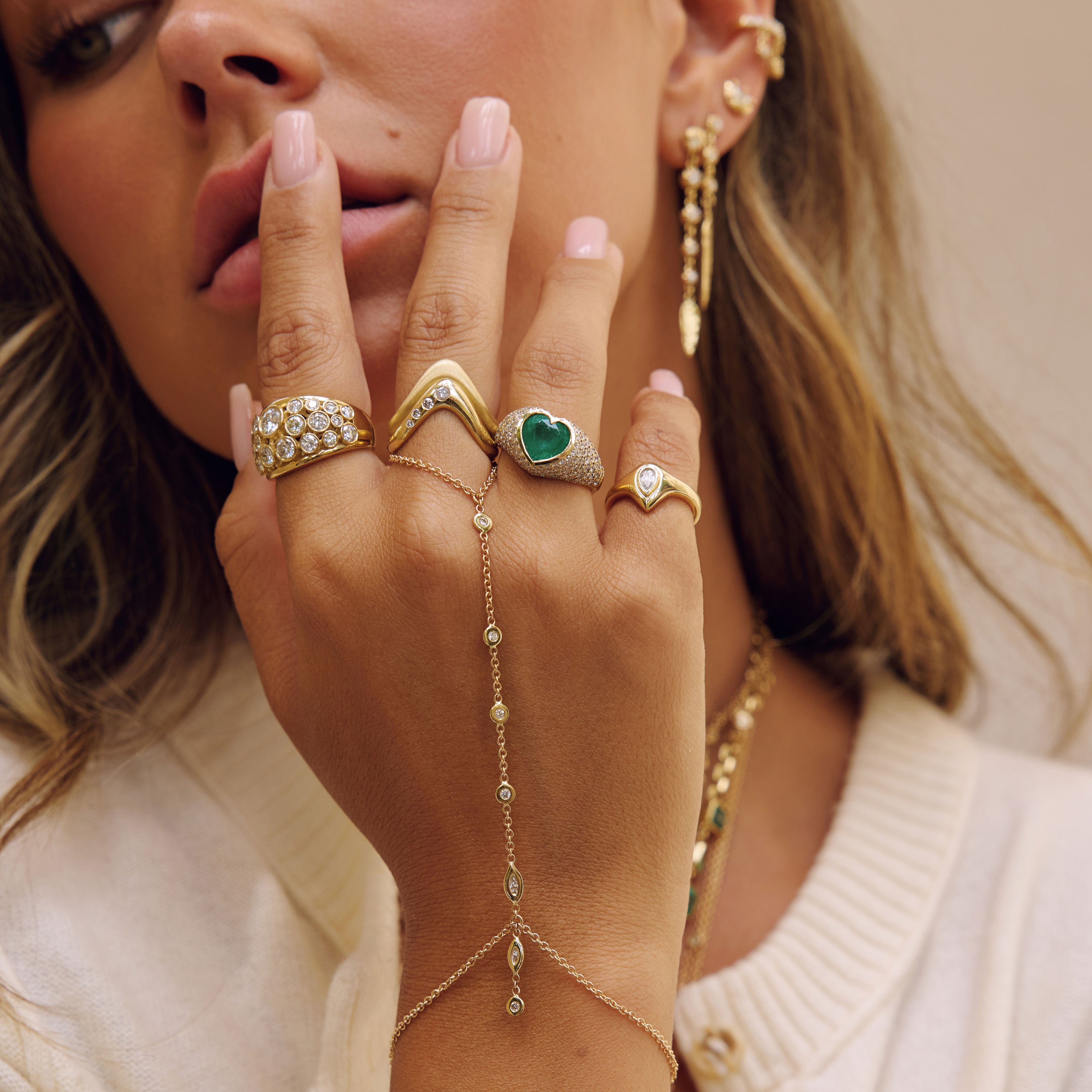 Round + Marquise Diamond Finger Bracelet With Dangle