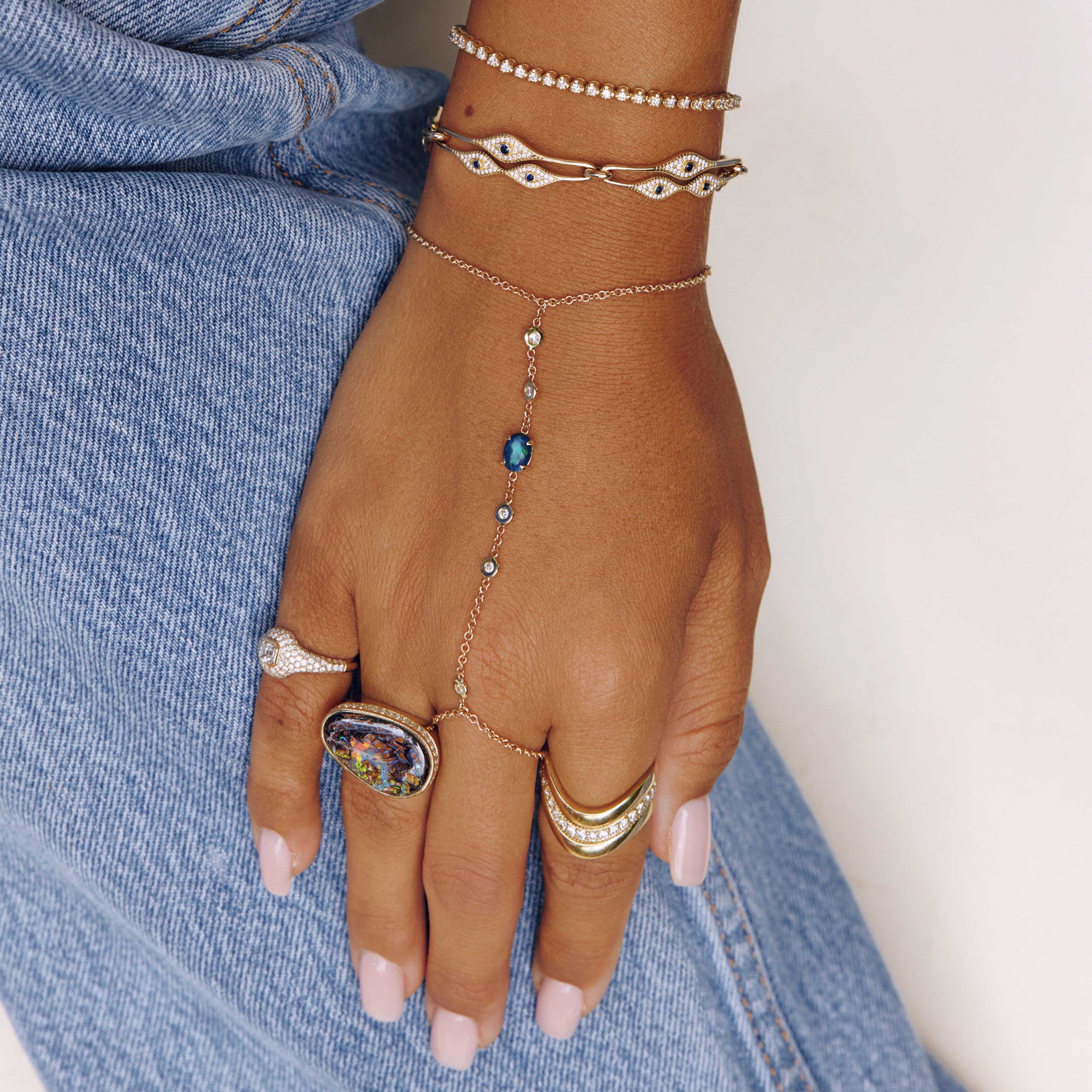 5 Diamond + Blue Opal Oval Finger Bracelet