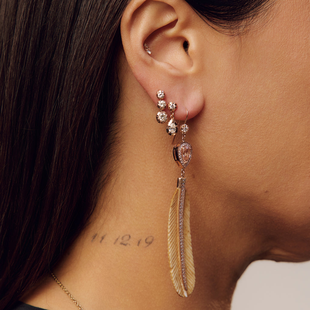 Pave Morganite Teardrop + Pave Natural Bone Feather Earrings