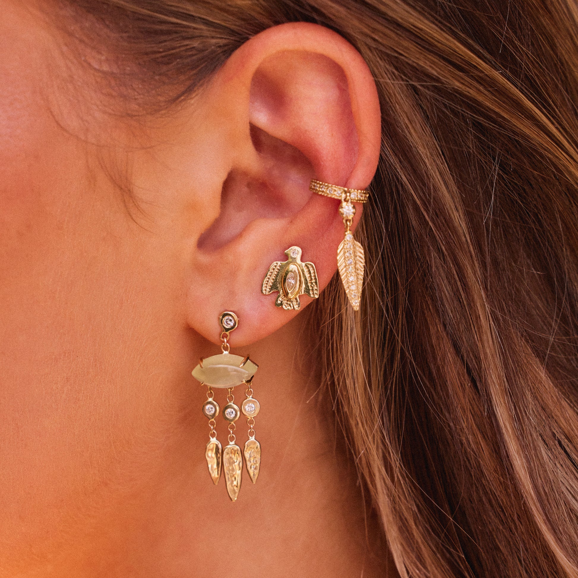 Prehnite Marquise + Diamond Hammered Teardrop Chandelier Drop Stud Earrings