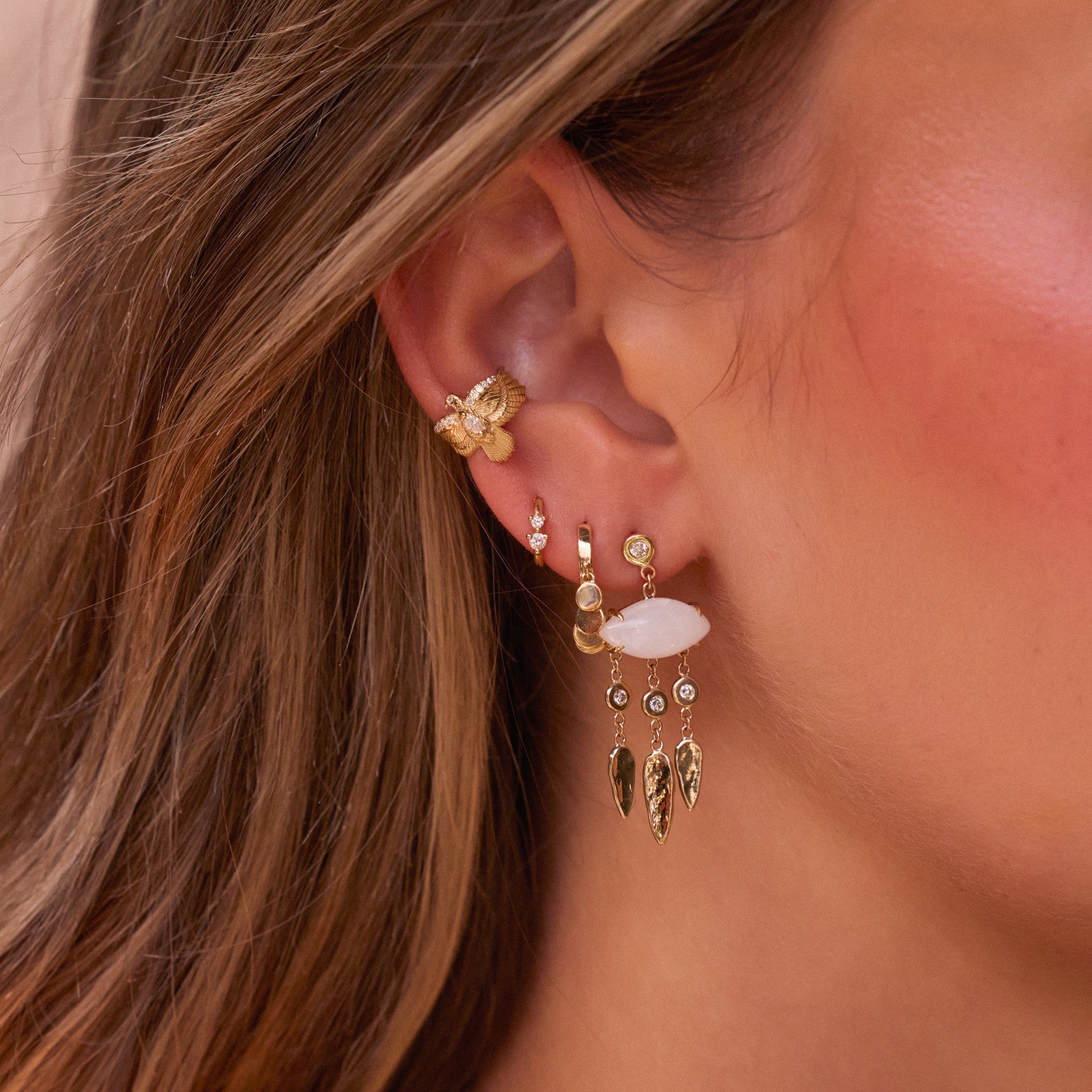 Moonstone Marquise + Diamond Hammered Teardrop Chandelier Drop Stud Earrings