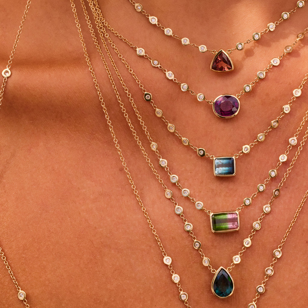 Pink Tourmaline Trillion 10 Diamond Necklace