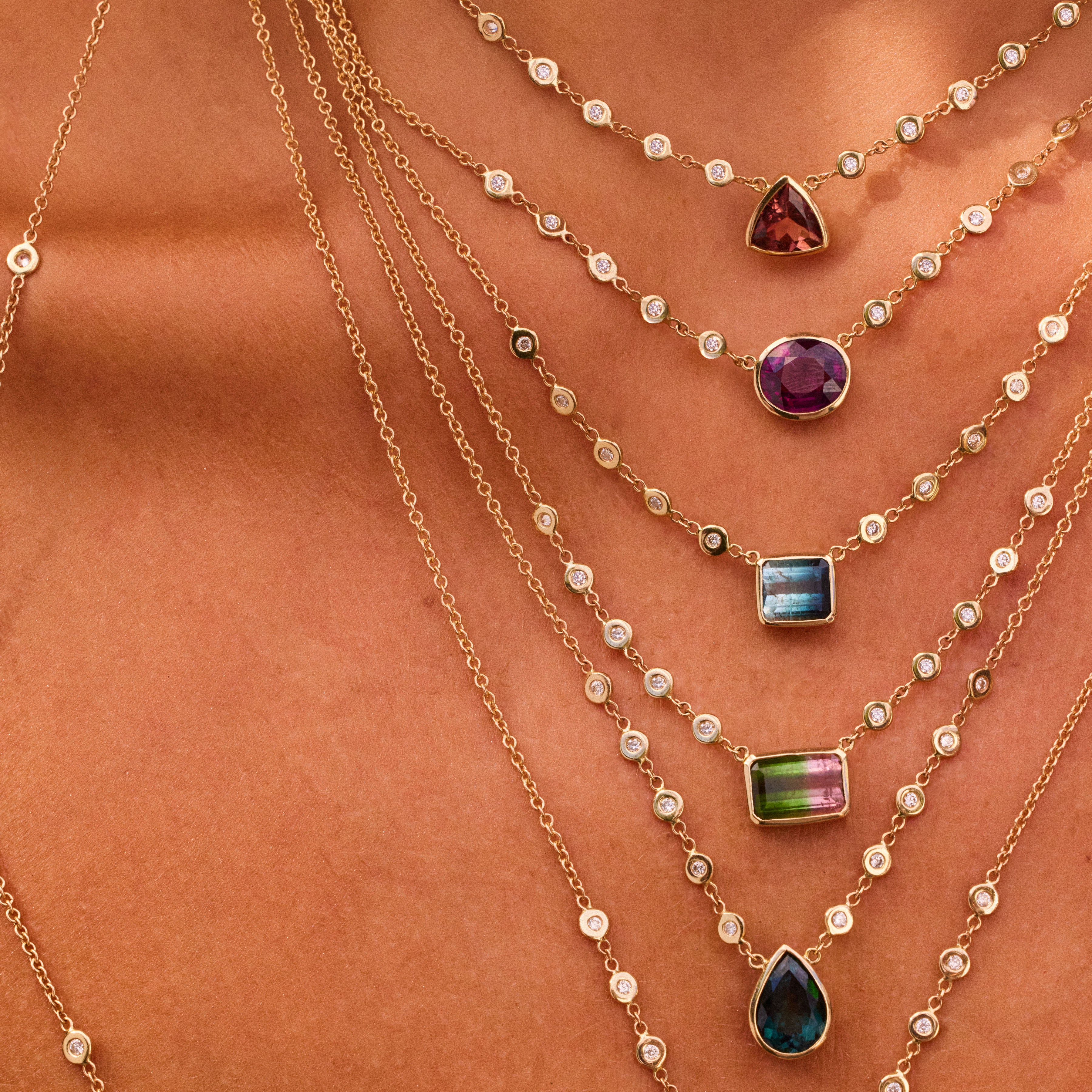 Pink Tourmaline Trillion 10 Diamond Necklace