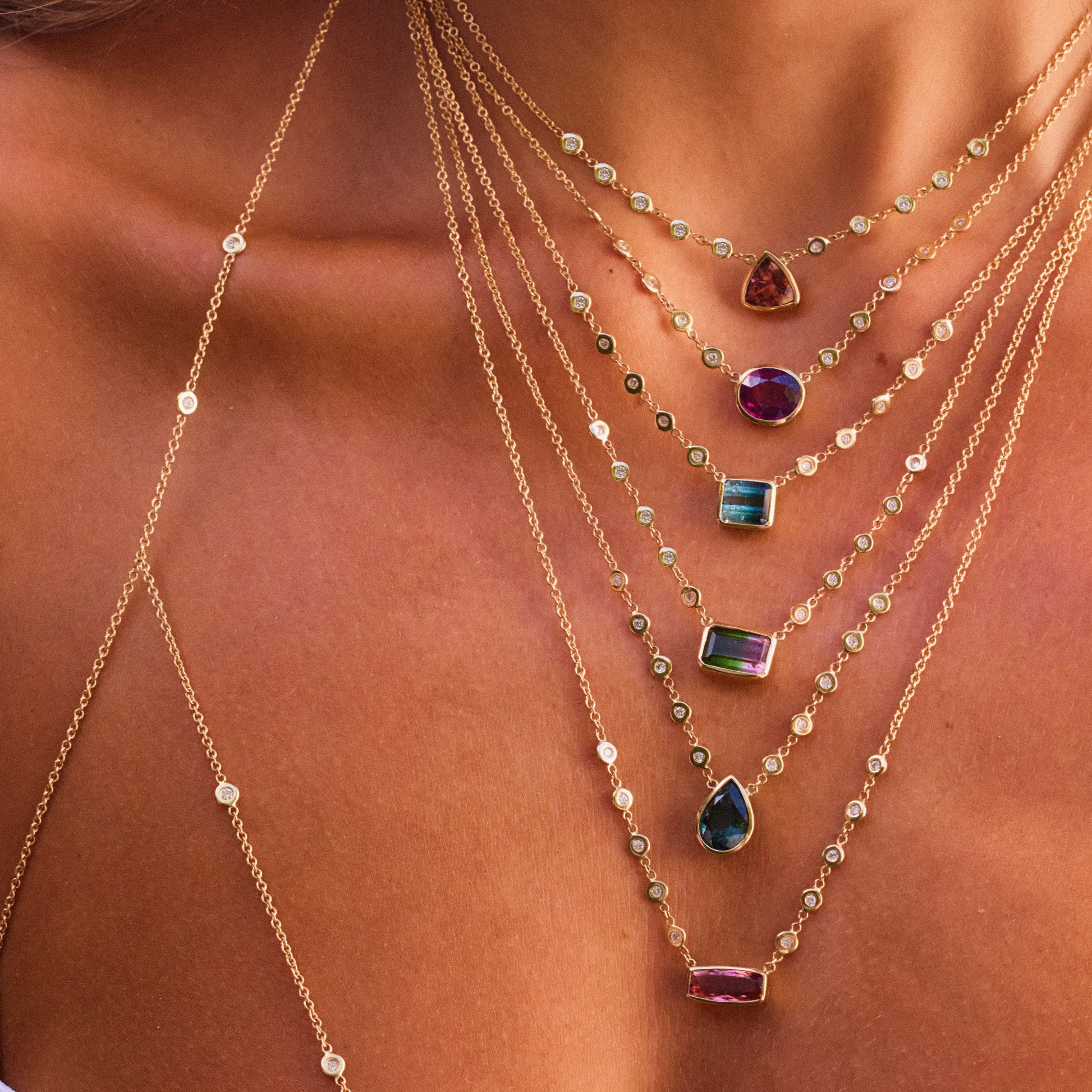 Watermelon Tourmaline Baguette 10 Diamond Necklace