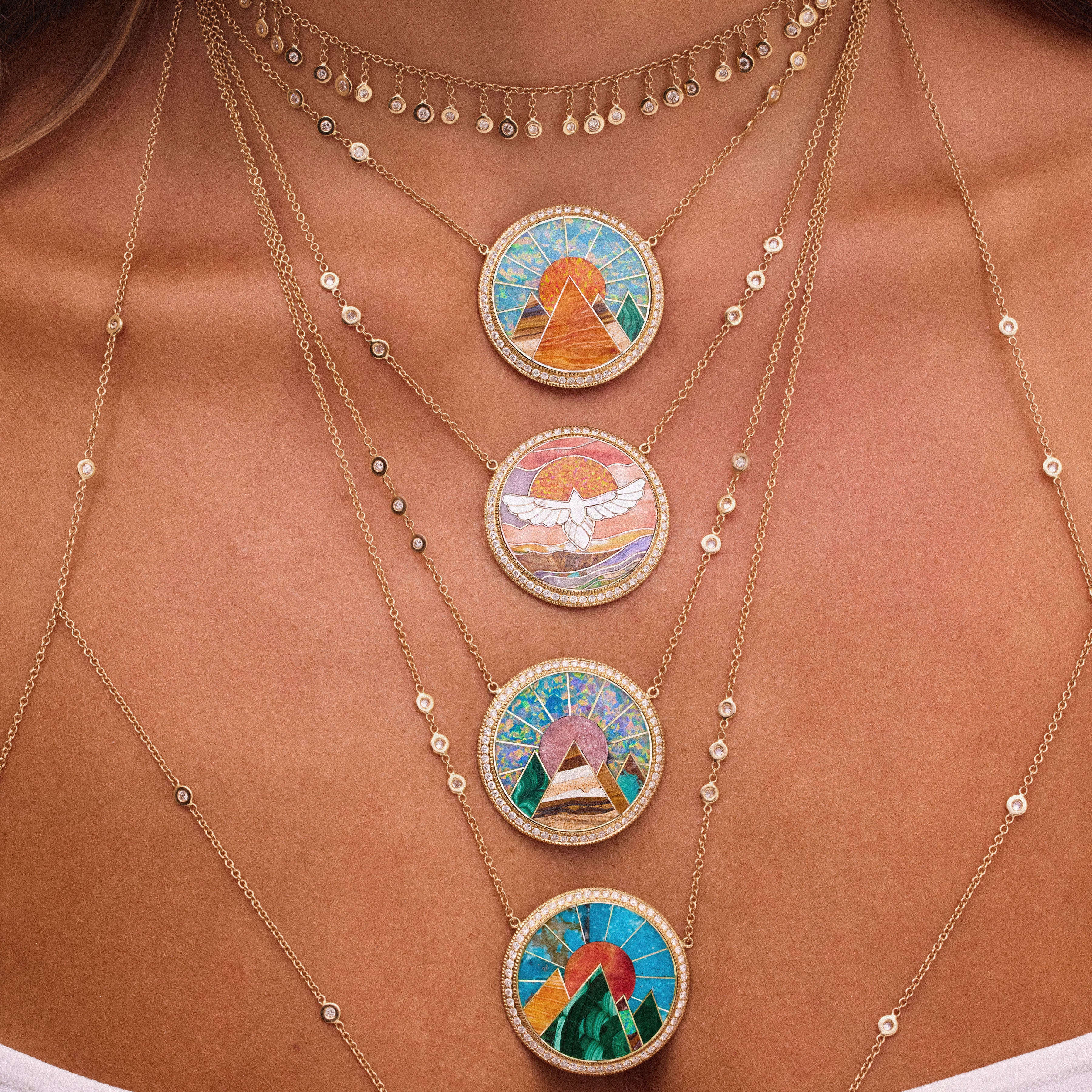 Pave Diamond Orange Agate Pyramid Scenic Inlay Necklace