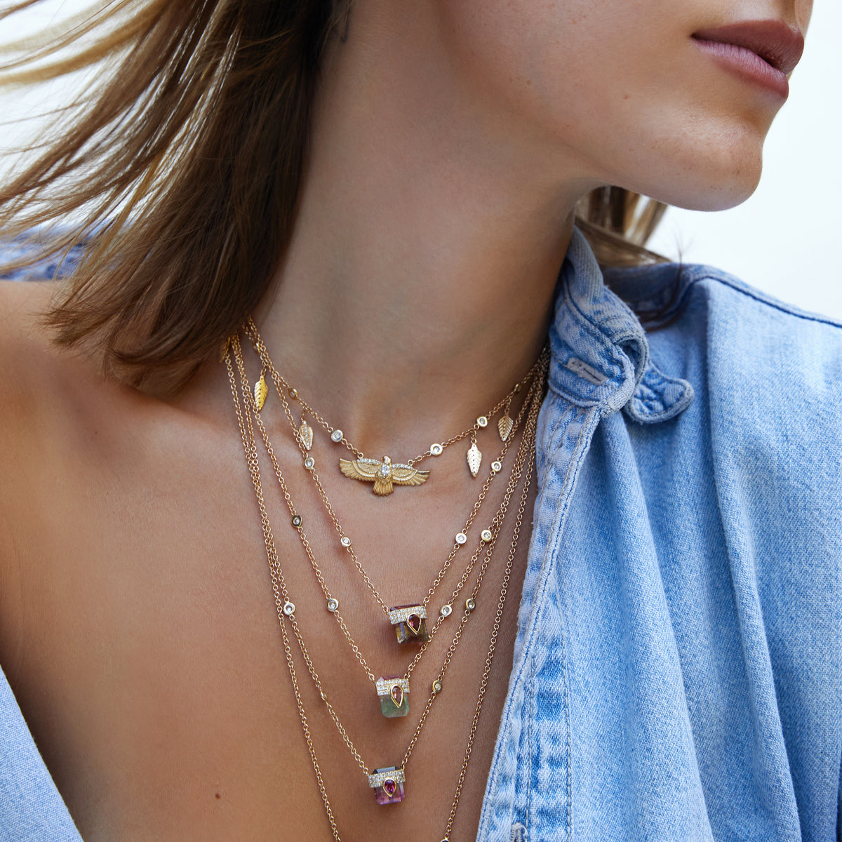 Pavé Marquise Diamond Center Thunderbird + Feather Shaker Necklace