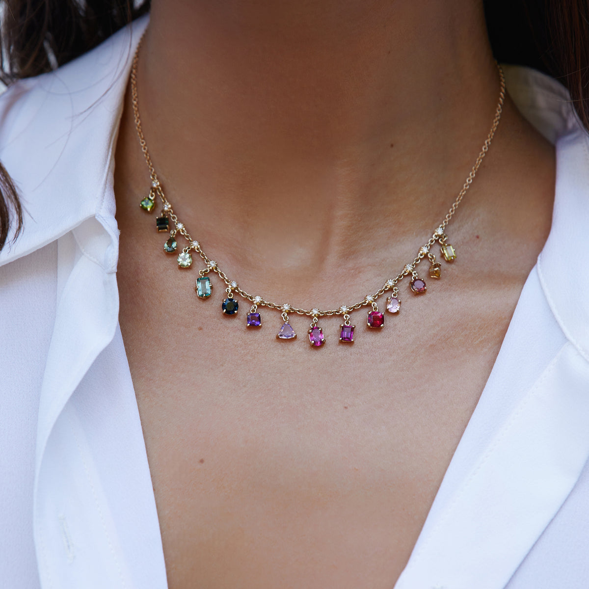 Multi Shape Tourmaline + Sophia Diamond Shaker Necklace
