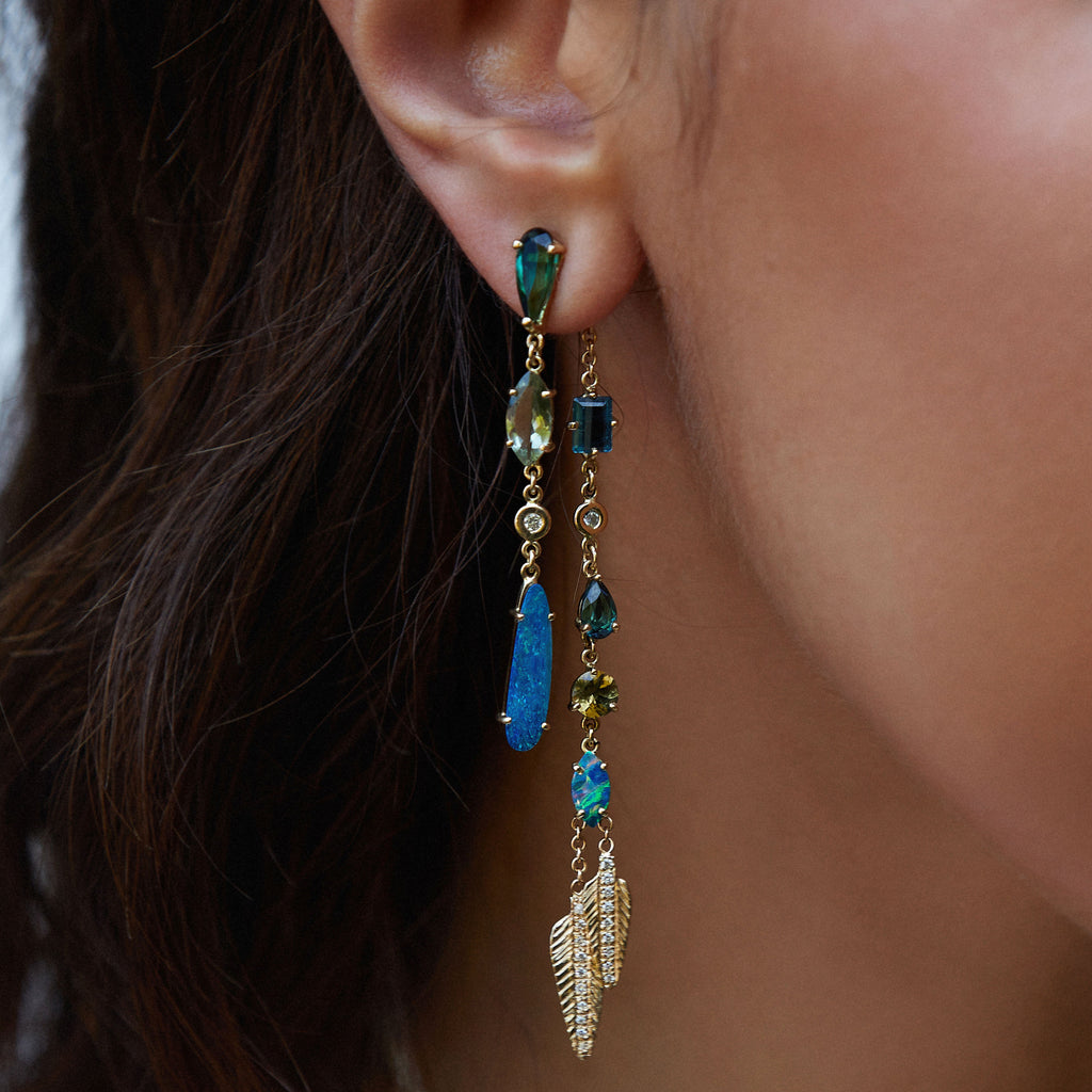 5 Tourmaline + 2 Opal Front Back Pave Feather Drip Earring