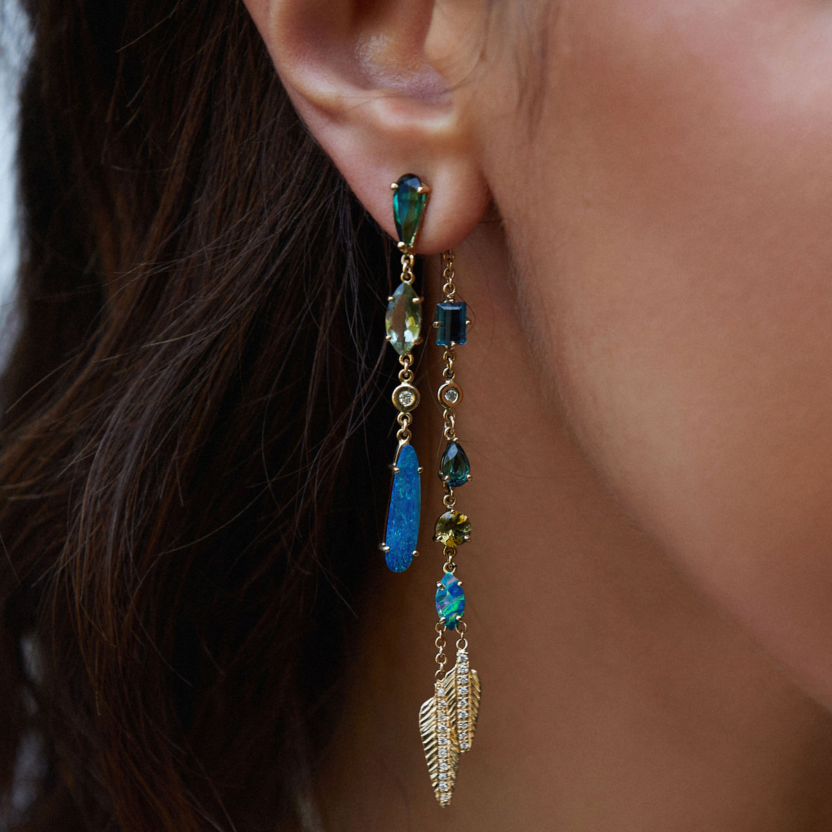 5 Tourmaline + 2 Opal Front Back Pave Feather Drip Earring