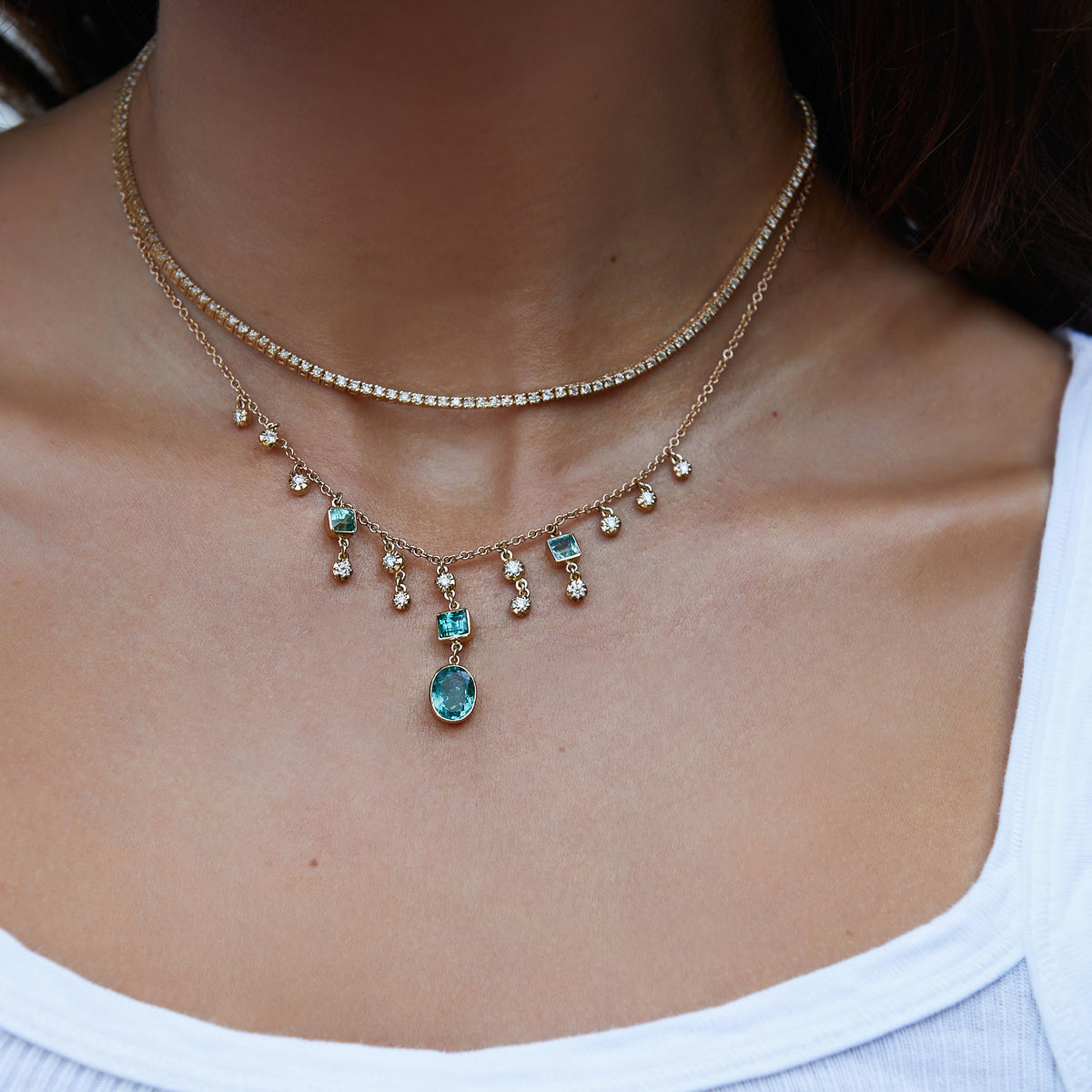 Multi Shape Green Tourmaline Shower + Sophia Diamond Shaker Necklace