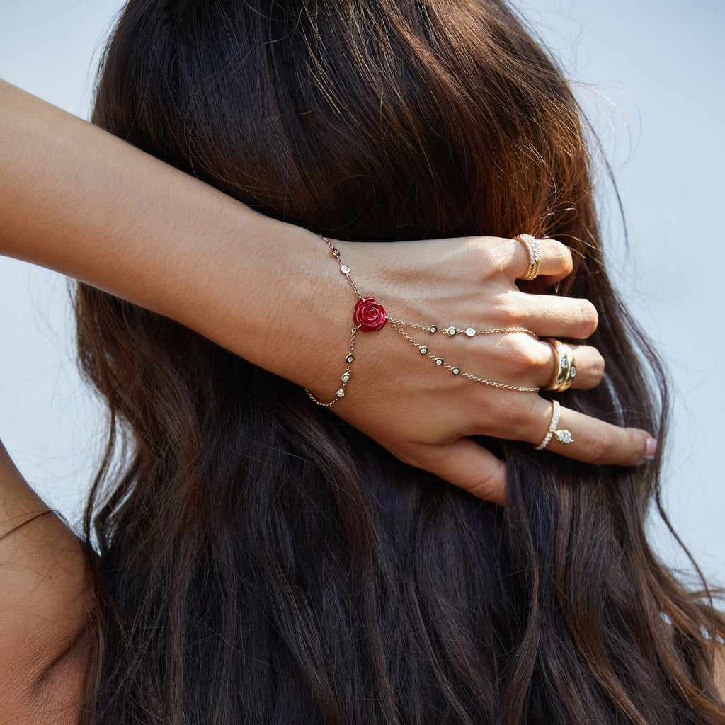 Red Rose Diamond Double Stem Finger Bracelet