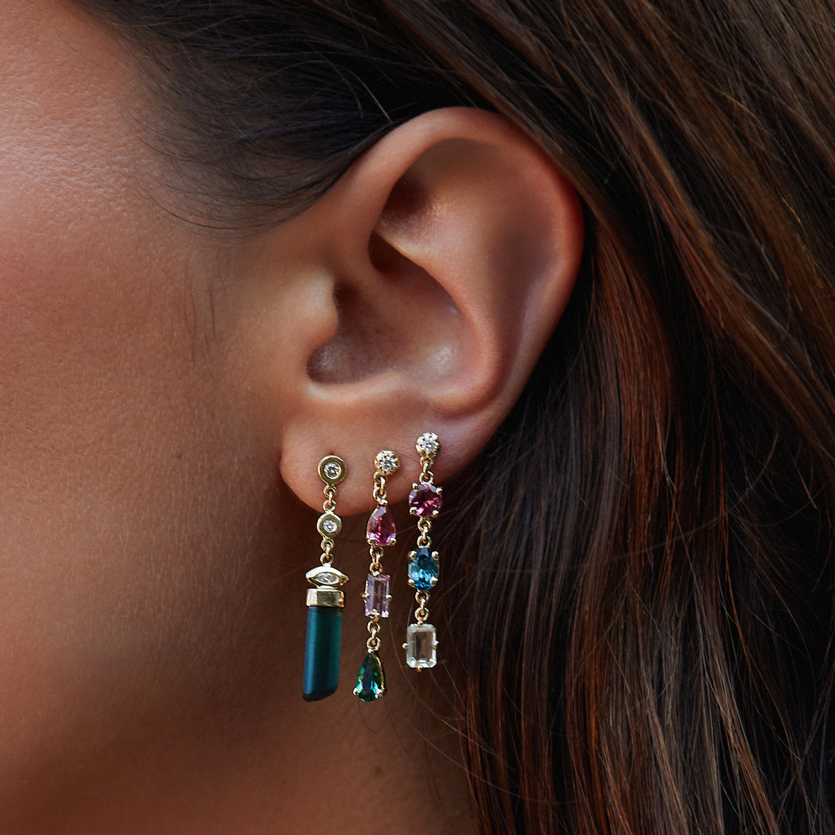 2 + 1 Marquise Diamond Green Tourmaline Crystal Bar Drop Stud