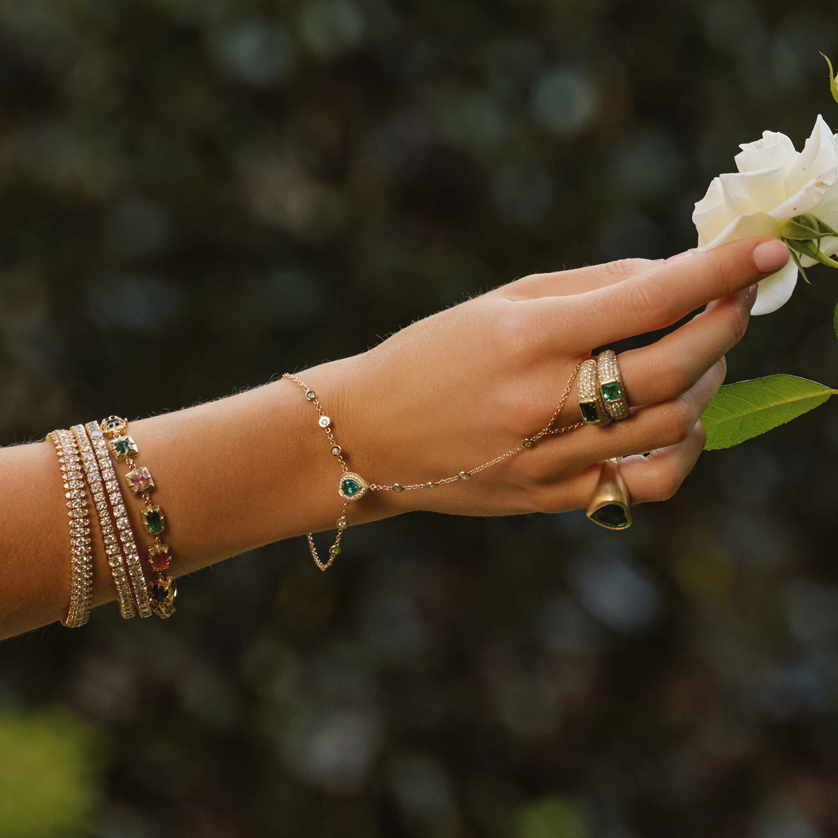 Pave Emerald Teardrop + Diamond Finger Bracelet