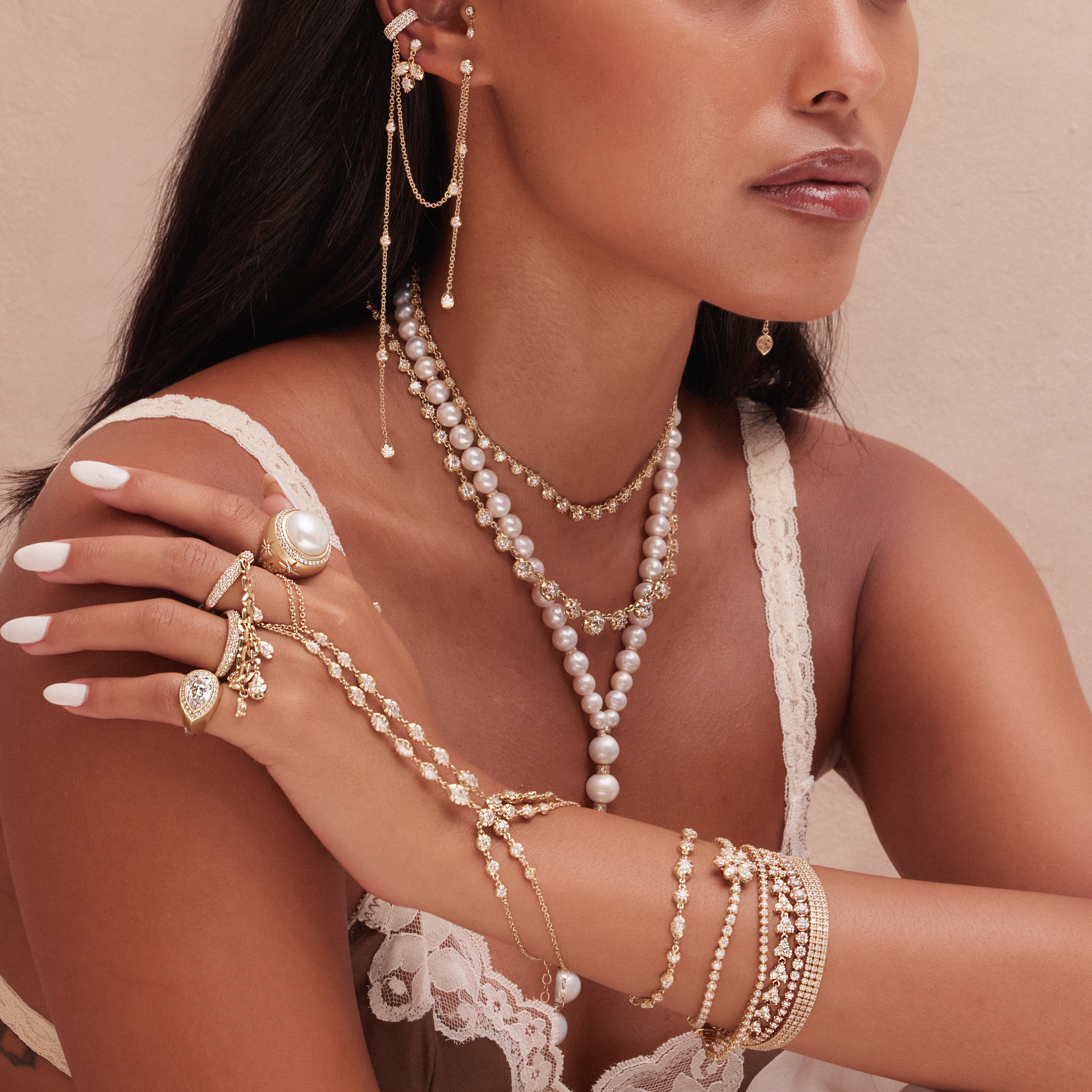 ROUND + TEARDROP SOPHIA DIAMOND CHAIN STUD AND PAVE EAR CUFF