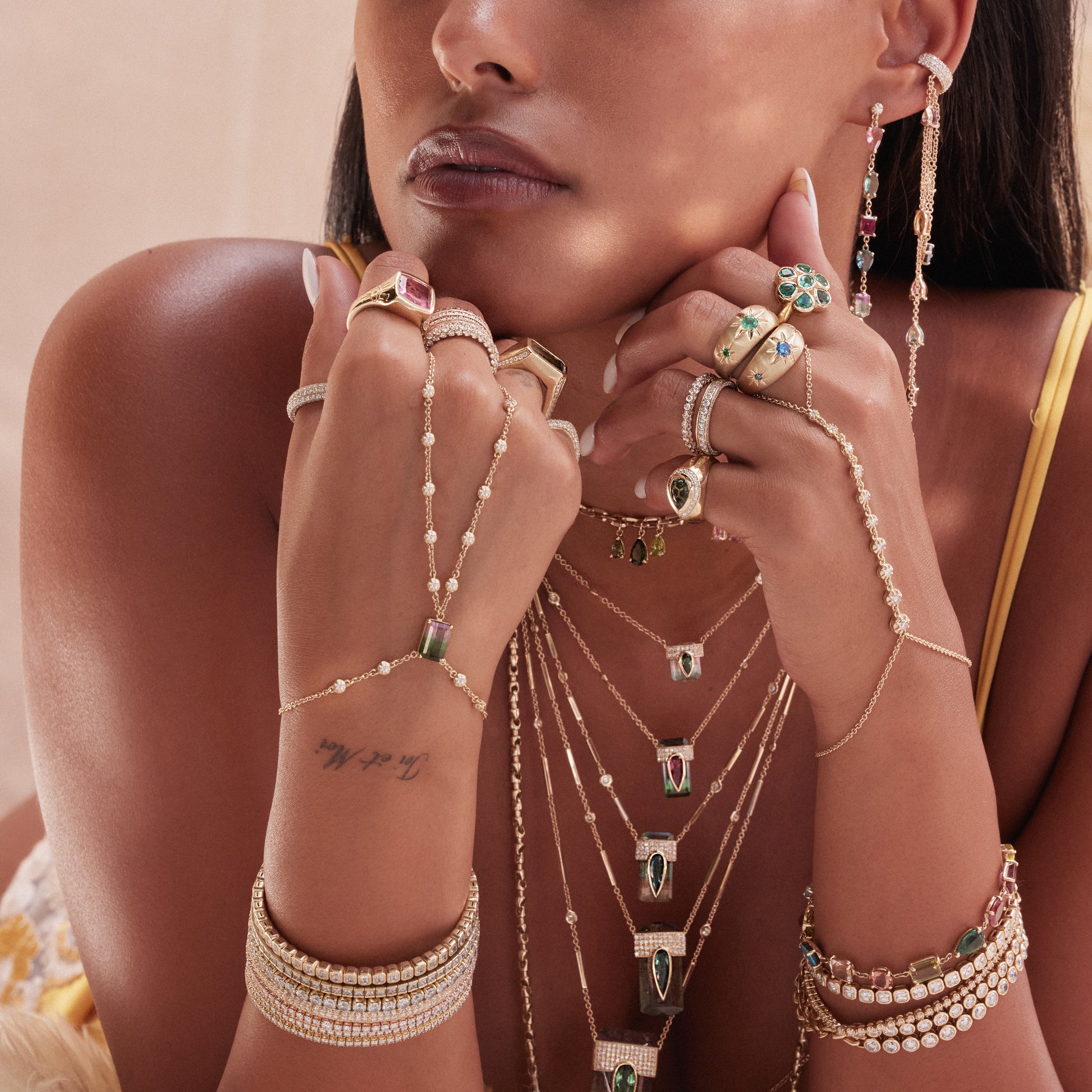 Watermelon Tourmaline Baguette + Sophia Diamond Double Stem Finger Bracelet