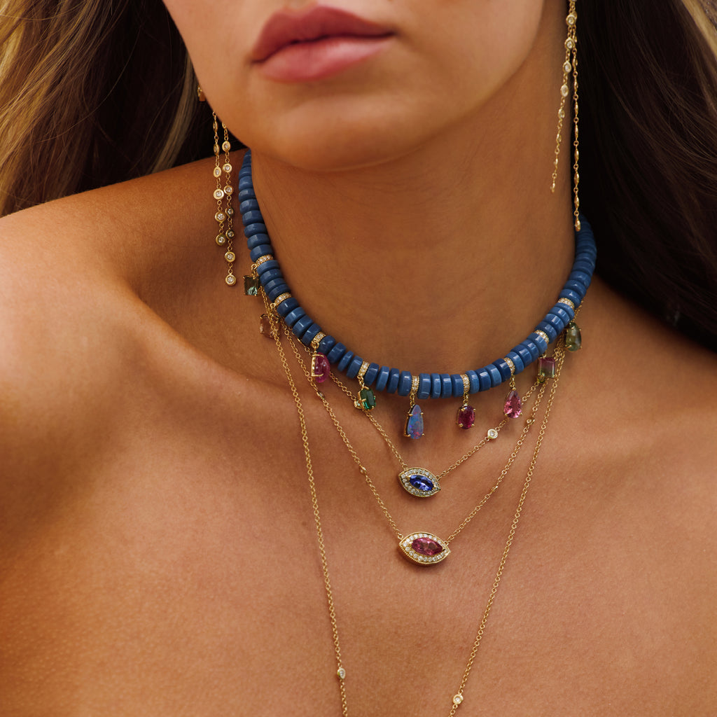 Graduated Blue Opal Cylinder Beaded Necklace with Multi Gemstone Shakers