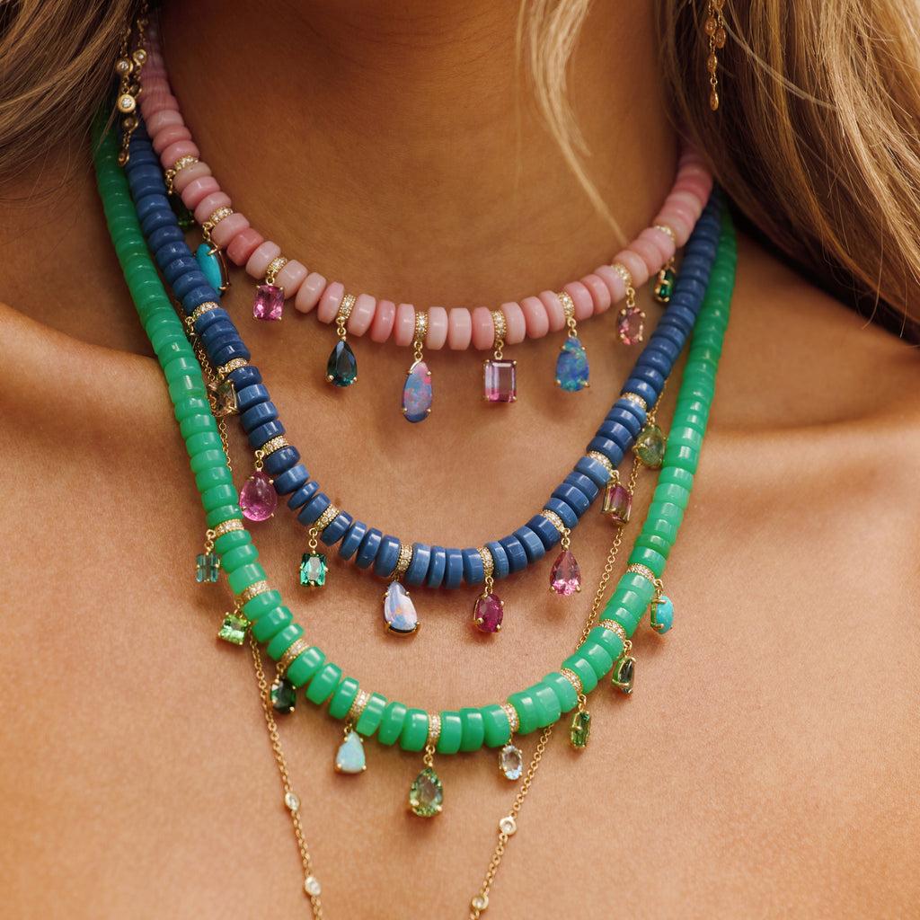 Graduated Blue Opal Cylinder Beaded Necklace with Multi Gemstone Shakers