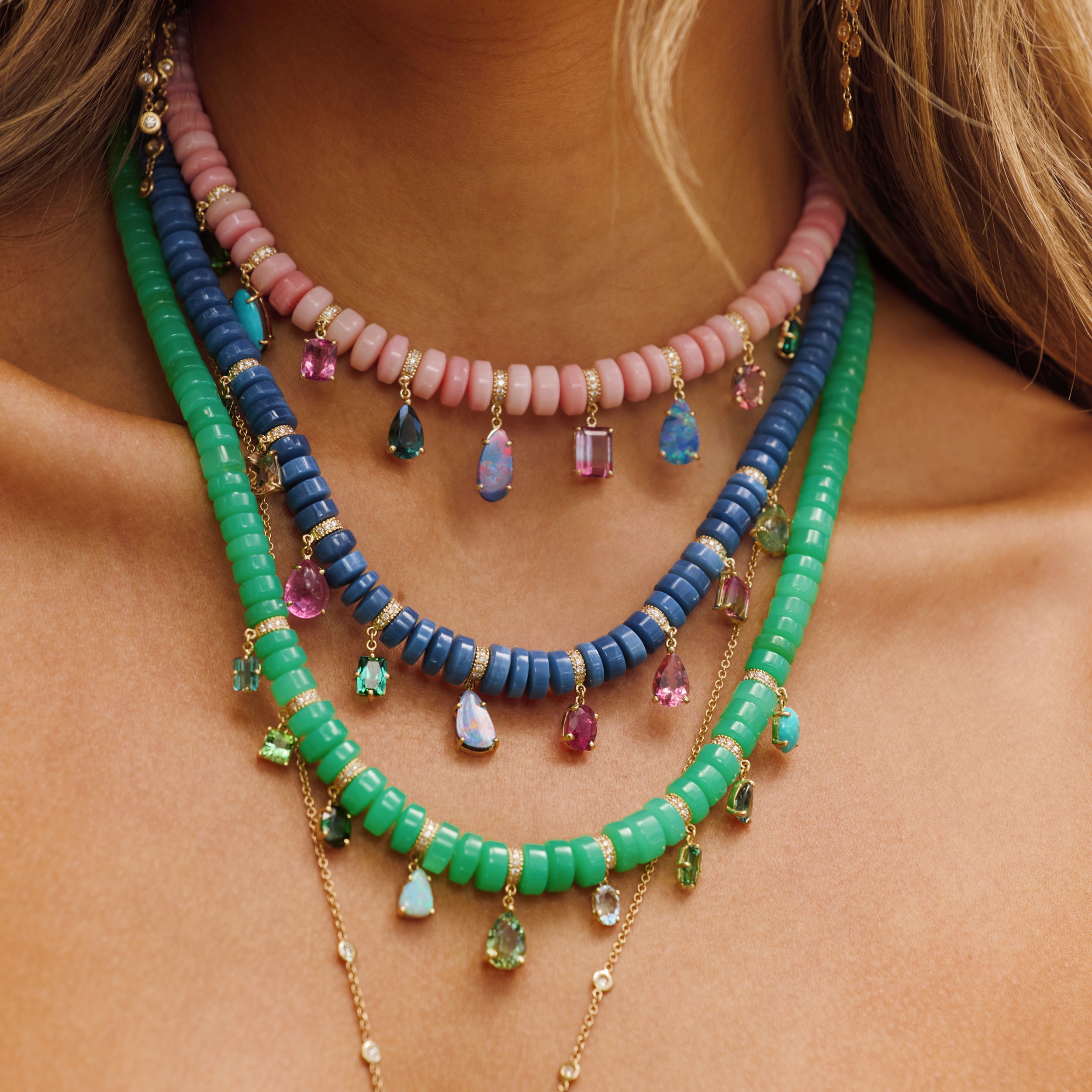 Graduated Chrysoprase Cylinder Beaded Necklace with Multi Gemstone Shakers